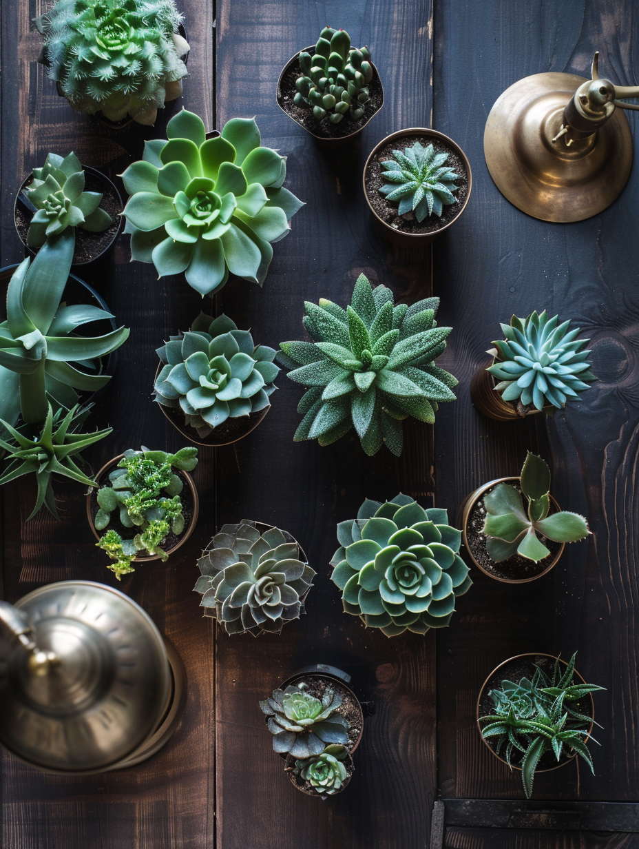 An assortment of succulent plants in brass pots scattered across a dark wooden table with a retro lamp sitting aside