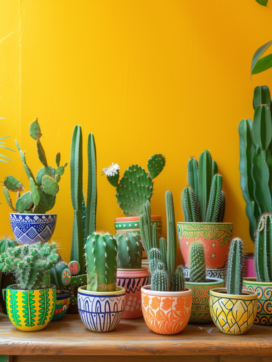 An eclectic indoor cactus garden showcased in a mix-and-match set of colorful painted pots, set against a bright yellow wall