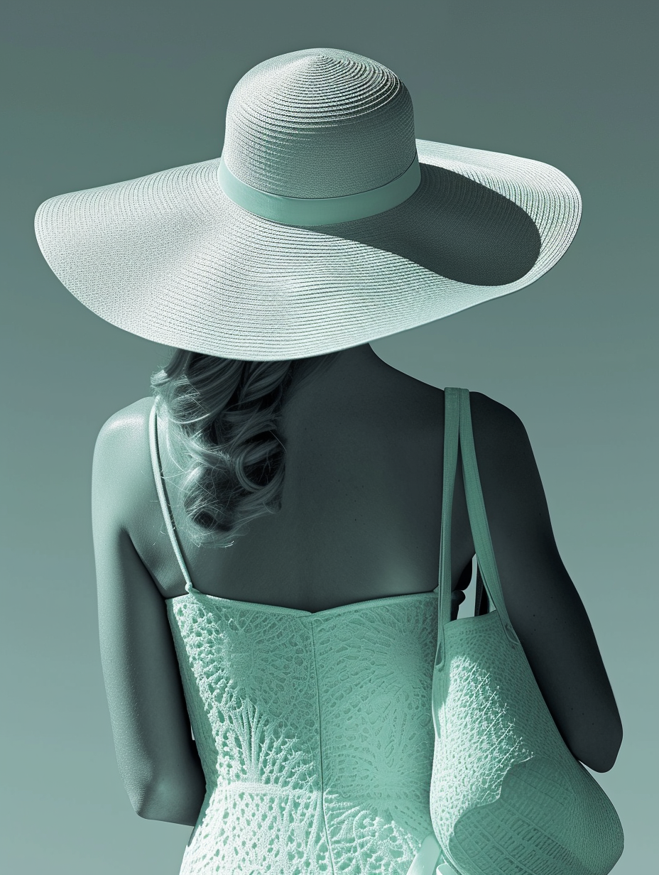 An elegant monochrome mint spring outfit highlighting a sundress paired with a wide brim hat and a cleverly designed tote bag --ar 3:4