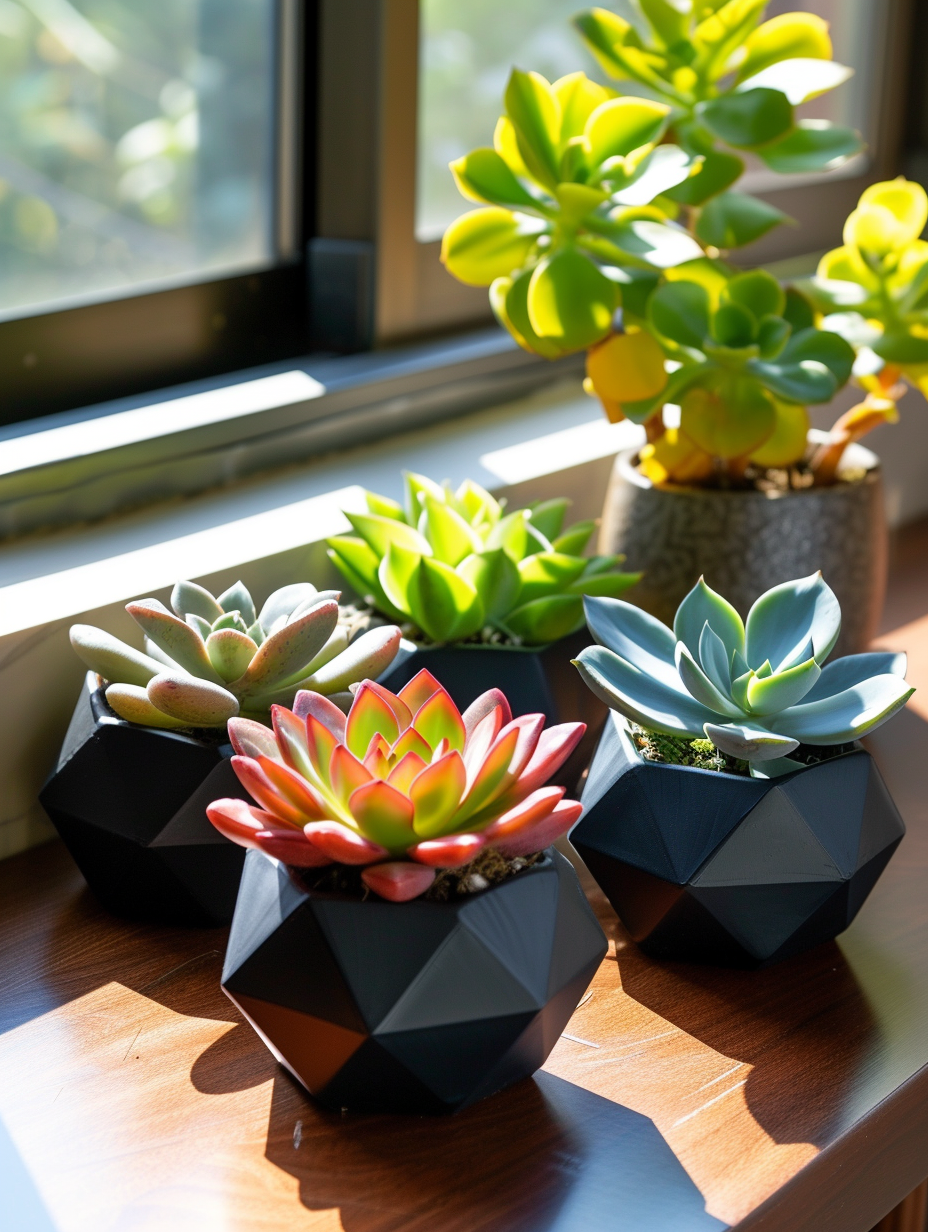 An empty office desk with an array of five succulent plants in black geometric planters situated near a window casting soft sunlight