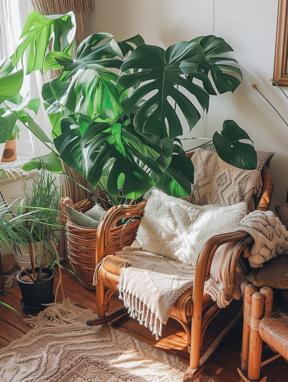 An image of a cozy Bohemian corner with lush Monstera plant, rustic wooden furniture, and boho throw cushions