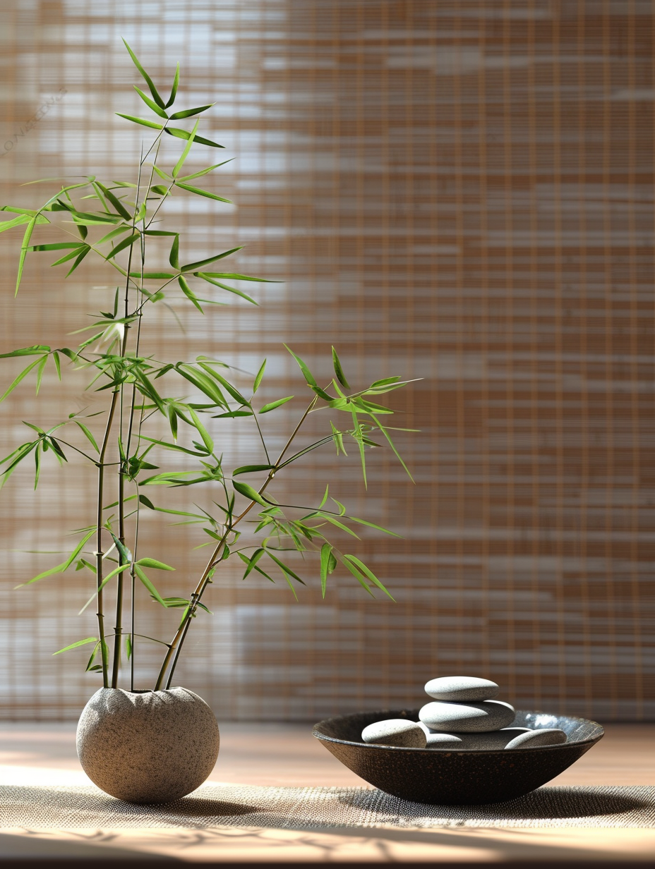 An indoor Zen-inspired bamboo centerpiece against a backdrop of neatly arranged Zen stones