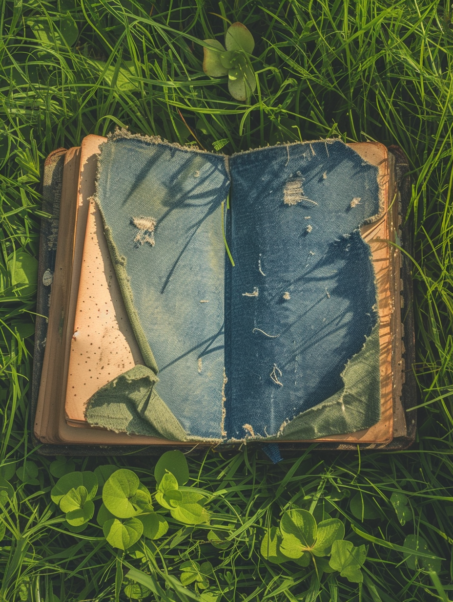 An open eco journal covered in denim lying on a grass field