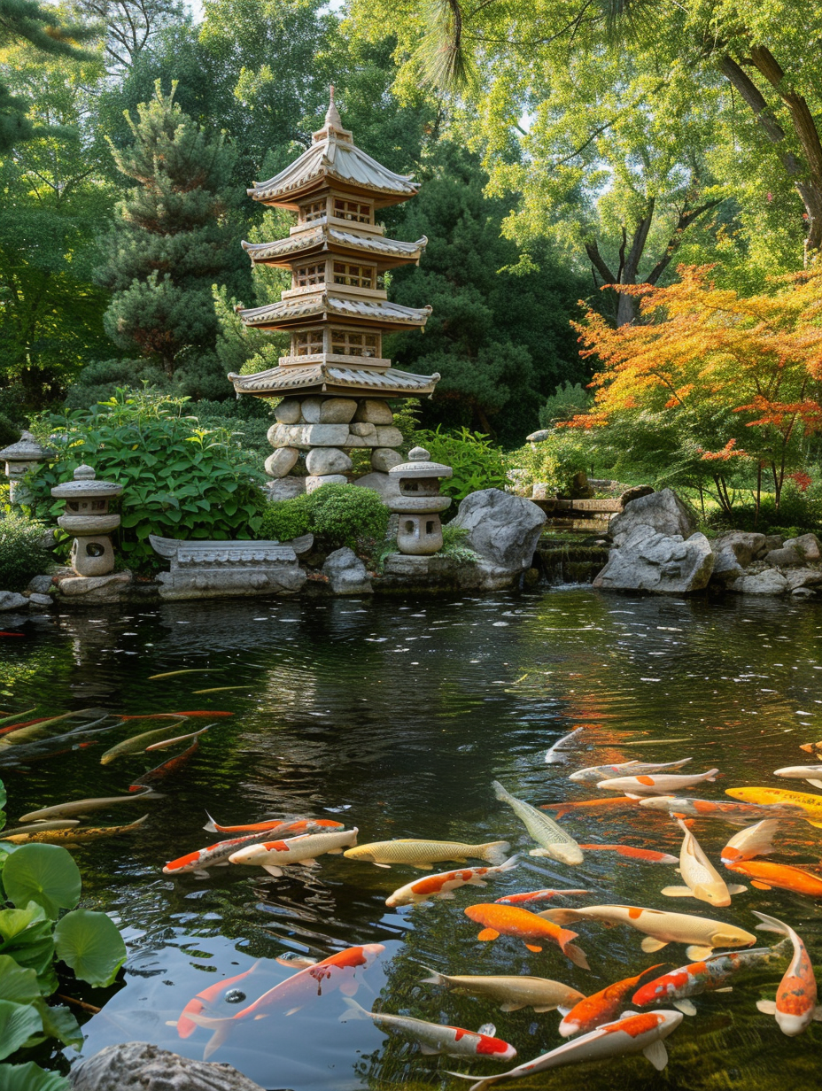 An oriental-style water garden with a large Koi pond and stone pagoda