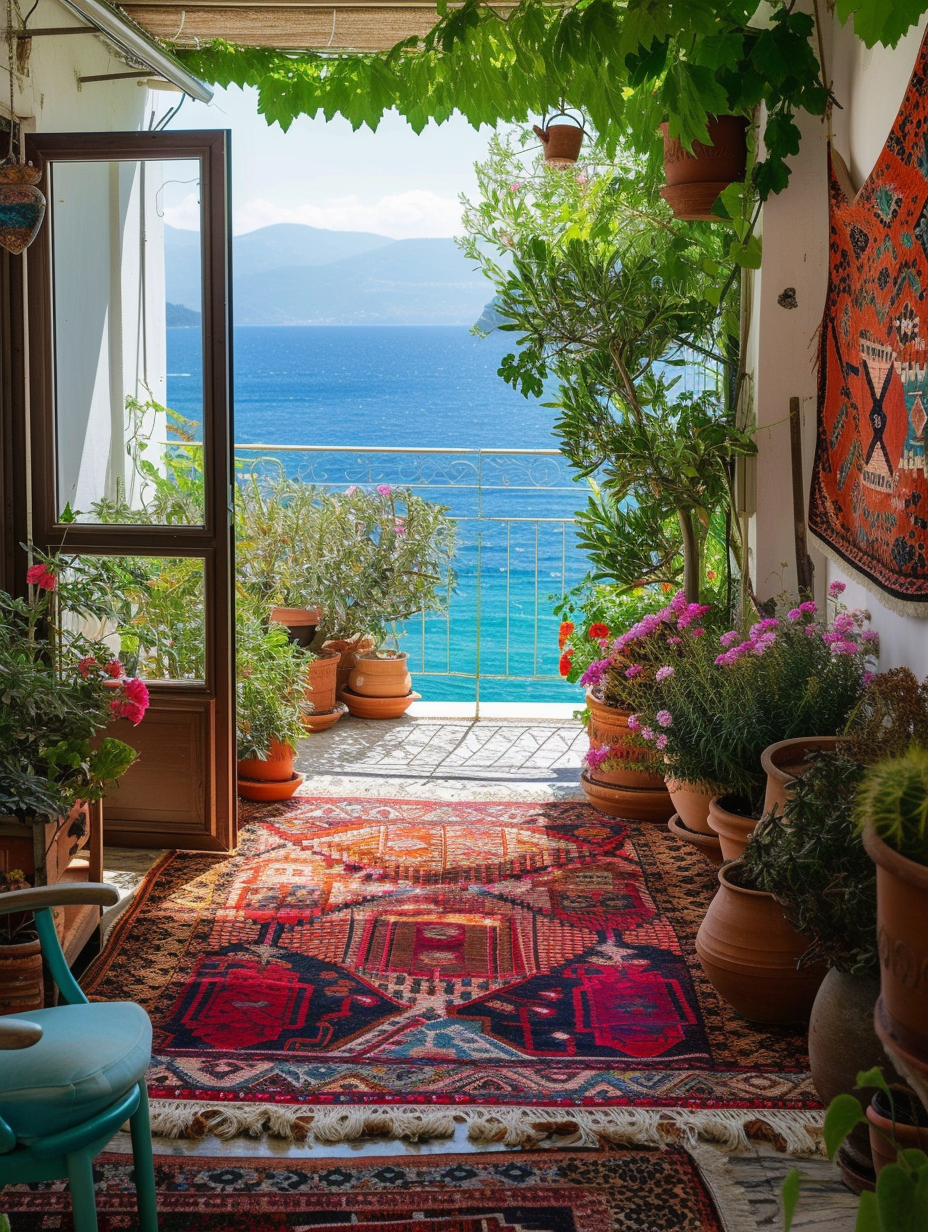 An ornate Bohemian balcony with overflowing potted plants and boho rugs, with a view to a turquoise sea --ar 3:4