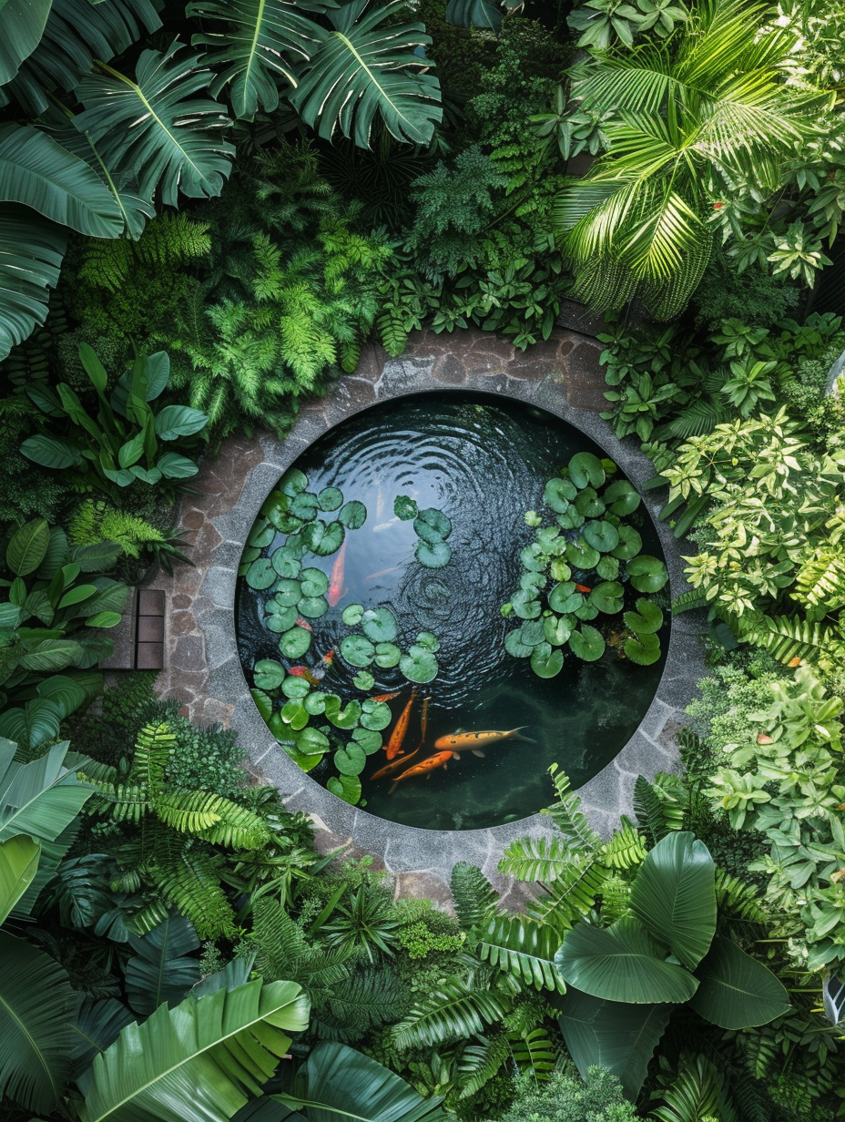 An overhead view of a circular koi pond surrounded by lush greenery