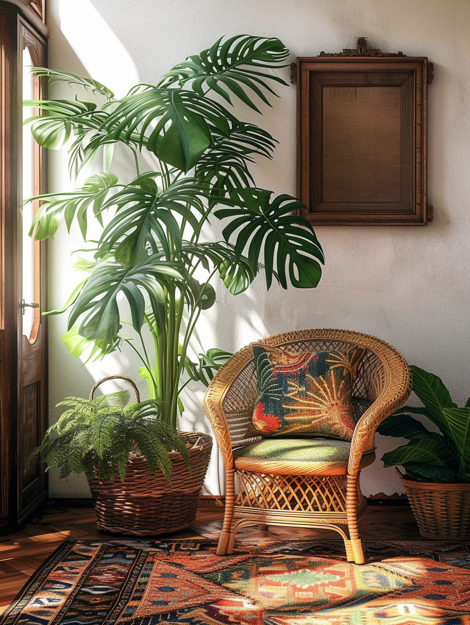 Artistic representation of a Bohemian corner with a tall Monstera plant, vintage wicker chair and colourful rug
