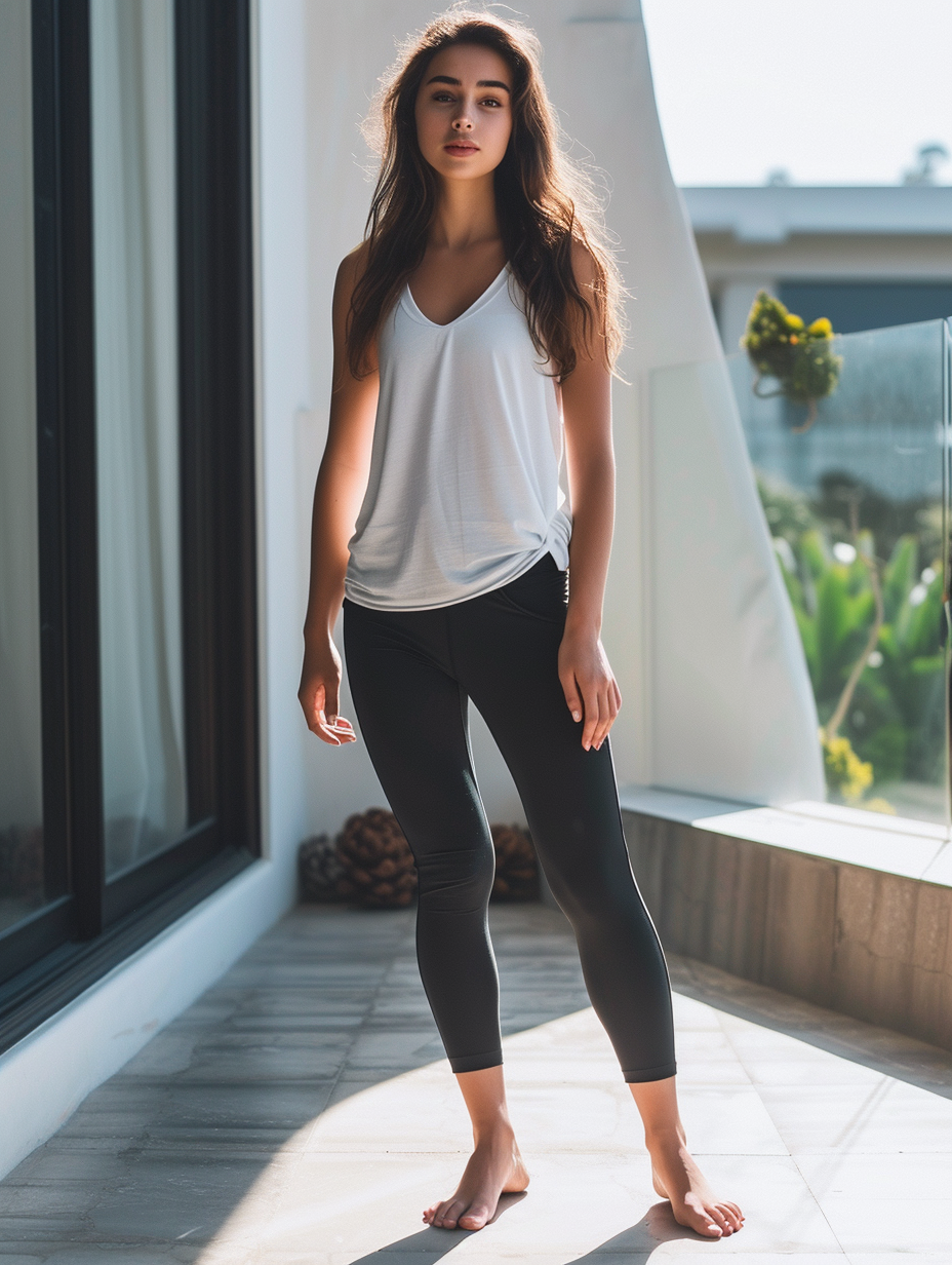 Athleisure look with a relaxed fit white tank top and black yoga pants