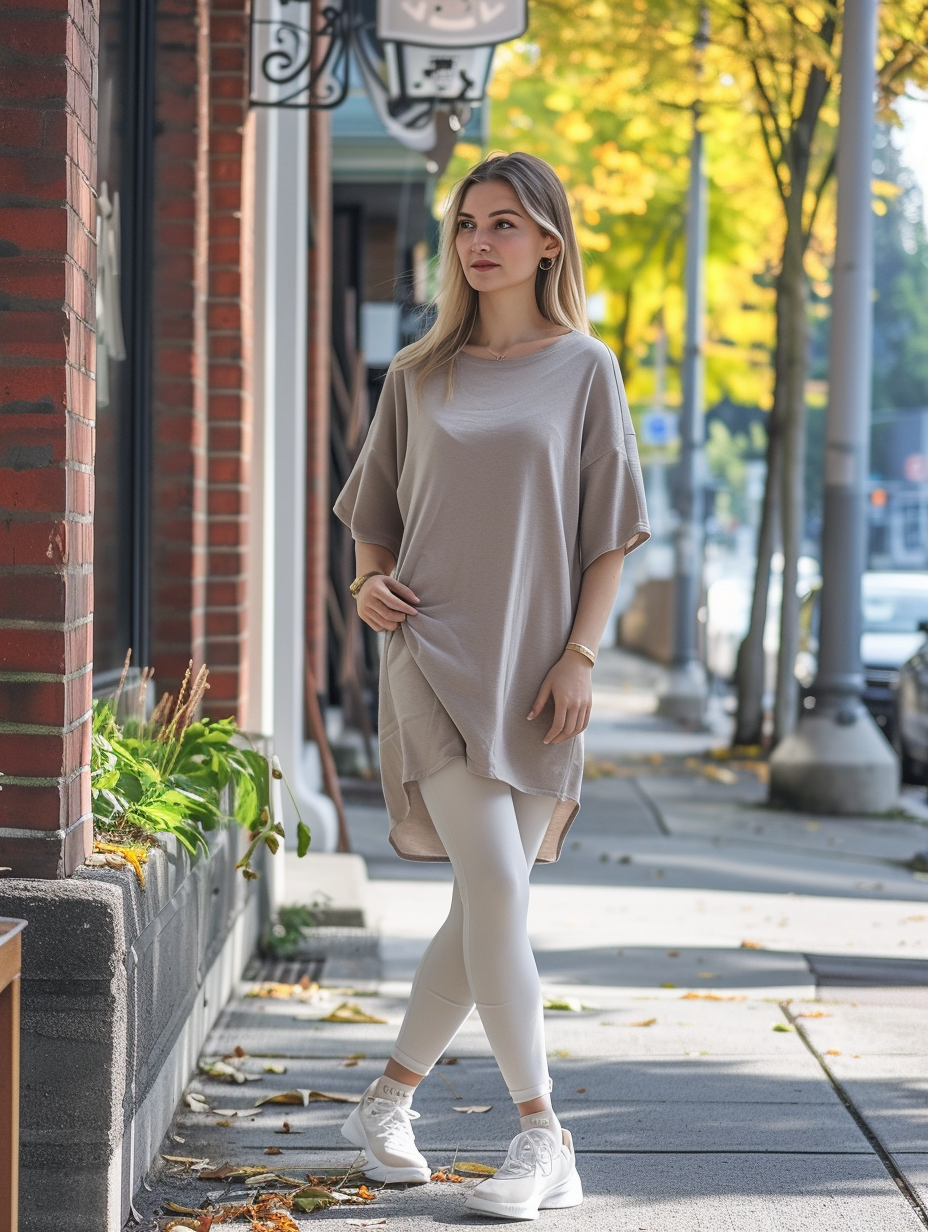 Athleisure outfit showcasing a relaxed cotton tunic over comfy leggings