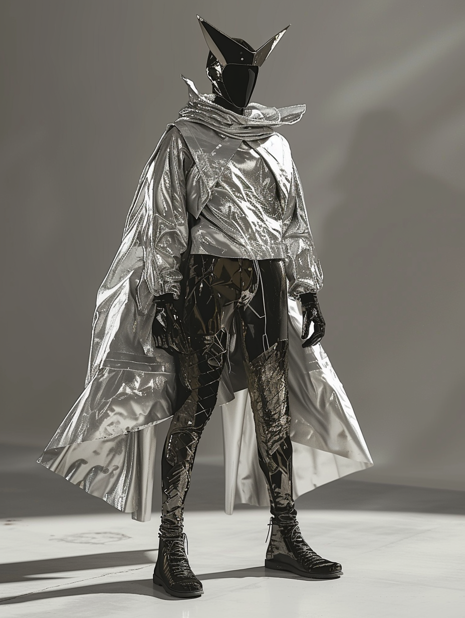 Avant-garde androgynous fashion rendering with metallic elements