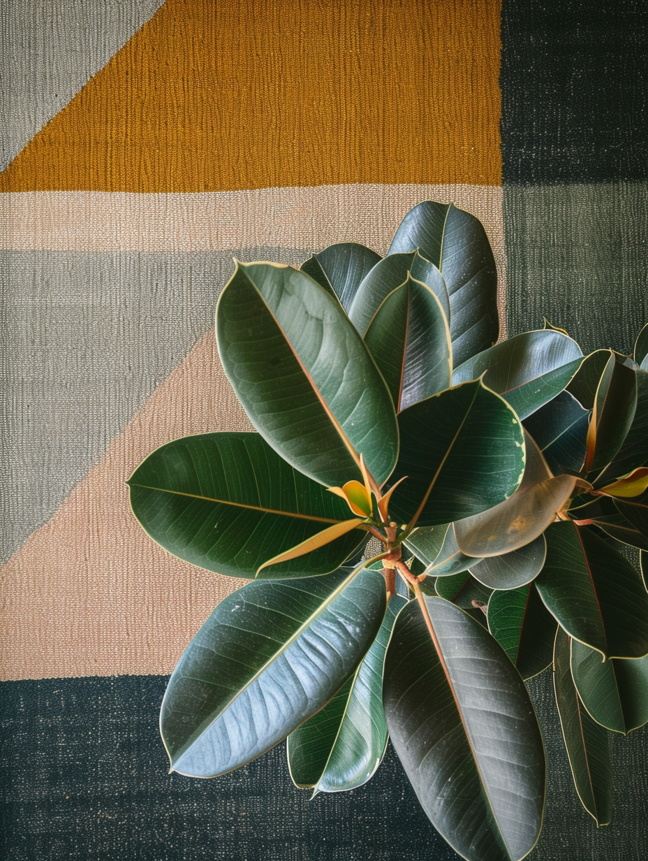 Bird's eye view of a Rubber Plant positioned on a trendy geometric rug