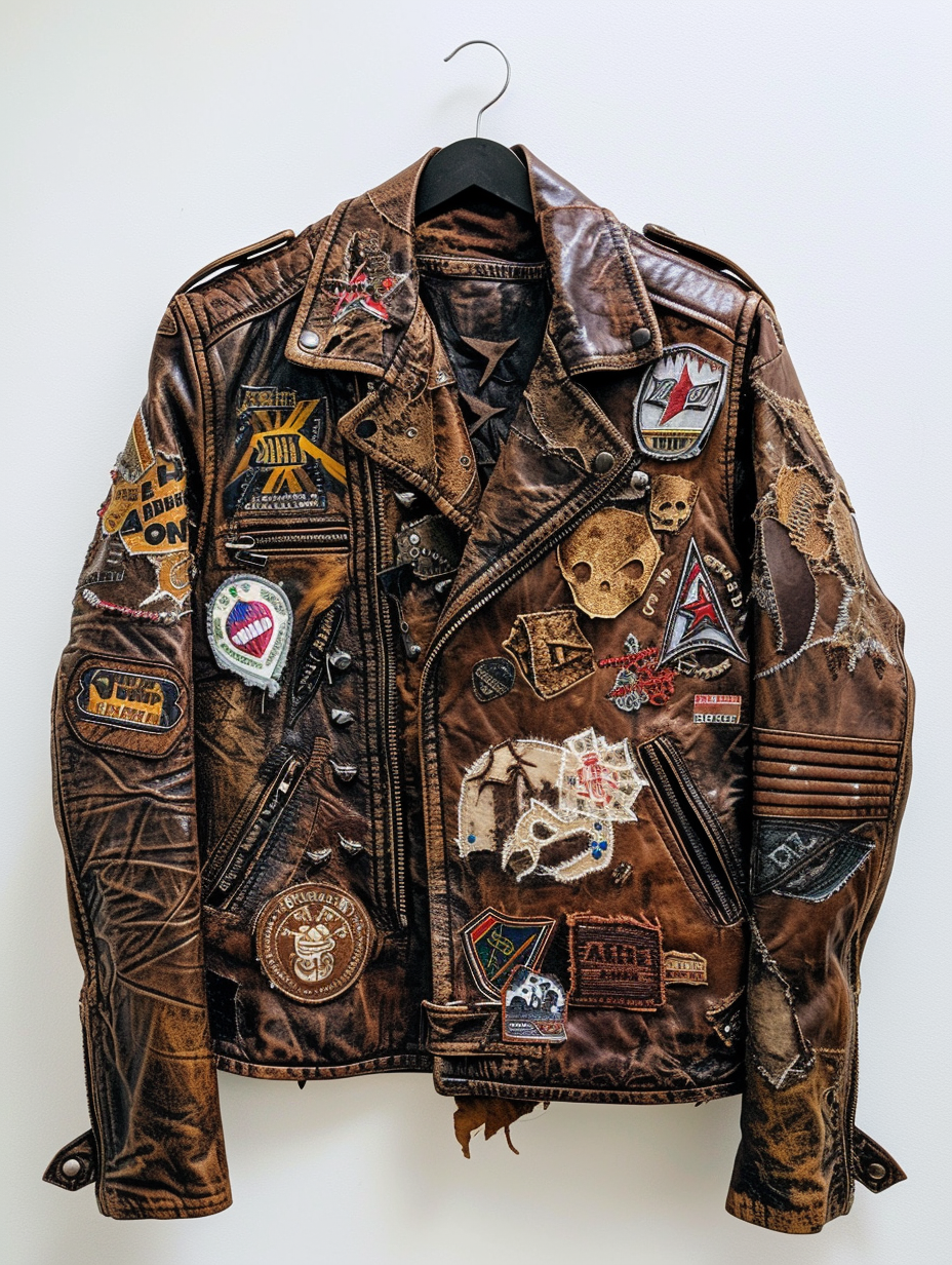 Brown rustic leather jacket featuring patches of assorted hardcore band logos on a punk rock concert setting, exuding an edgy feel