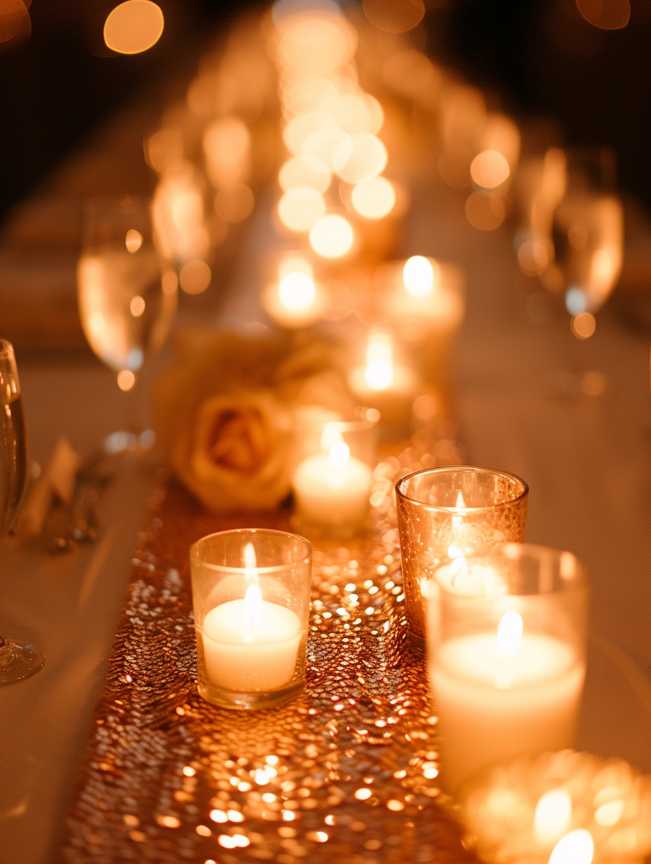 Candlelight reflecting on a sequin table runner at a reception