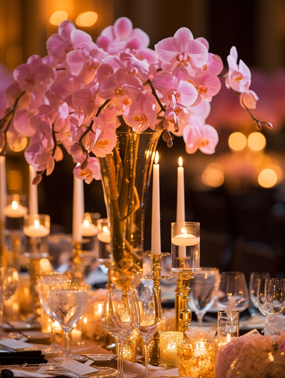Candlelit dinner setting with a centerpiece of elegant pink orchids