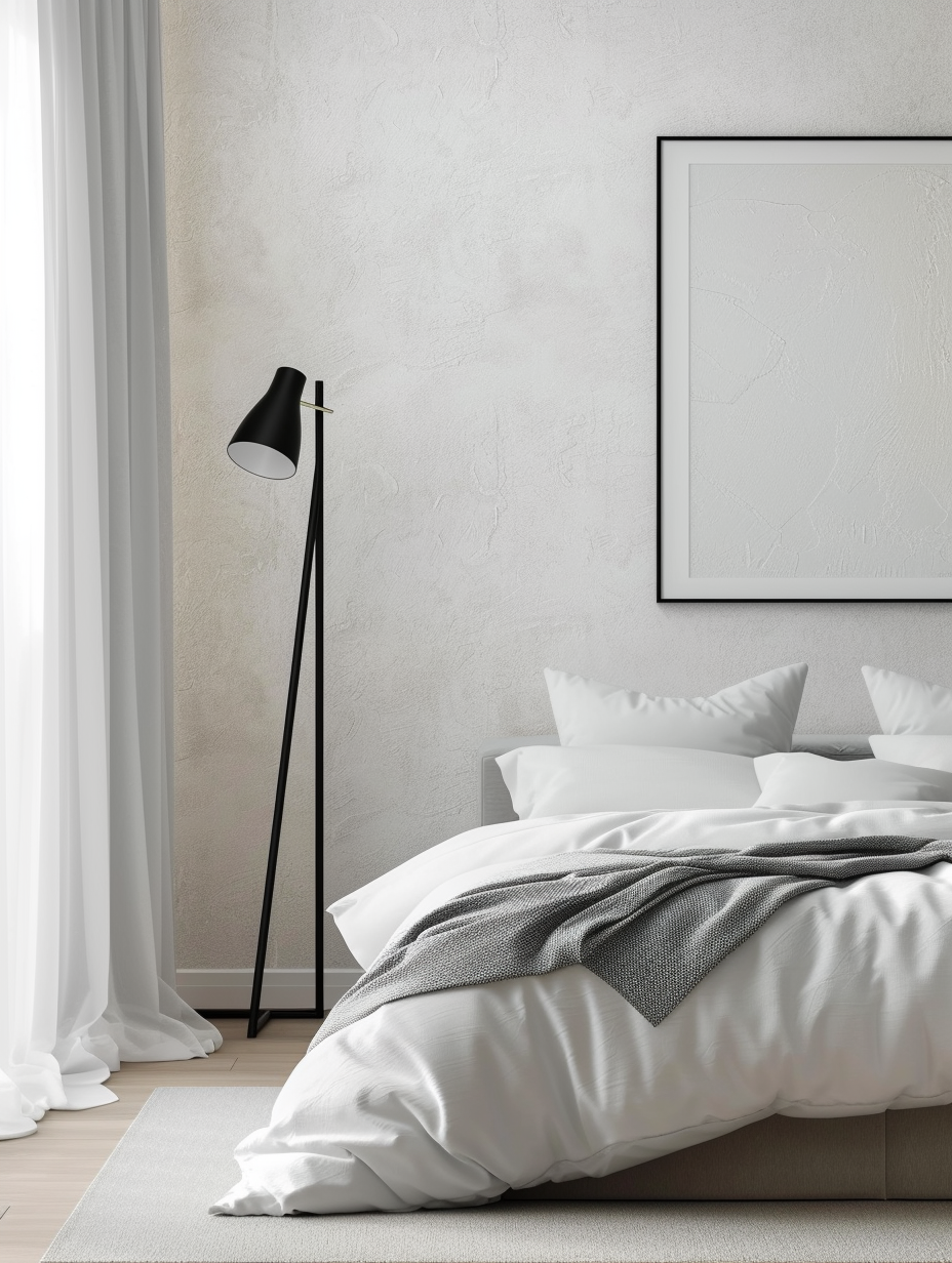 Capture a photorealistic image of a Minimalist Bedroom, bathed in the soft, diffuse light of an early morning. The room's layout is elegantly simple, focusing on a low, king-sized bed with crisp white linens, a sleek, matte black floor-standing lamp to the right, and a single, large, frameless monochrome painting above the bed. The walls are a soft, eggshell white, textured subtly with fine plaster. Real-world lighting is mimicked through global illumination and a significant natural light source from a large, unseen window to the left, casting gentle shadows and creating a serene mood. The camera setup focuses on achieving high detail and sharp focus, using a full-frame DSLR with a 50mm prime lens at f/1.8, to softly blur the foreground and background, emphasizing the bed and the painting. The composition is balanced with the bed centered, the lamp and painting creating visual interest, and the play of light and shadow enhancing the texture of the materials and the overall mood of the scene. The image adheres to the high-quality visual content of the 2020s, with a slight film grain added in post-processing to evoke the texture and depth of high-quality architectural photography, reminiscent of the works of photographers like Petra Leary or scenes from a meticulously crafted modern film.