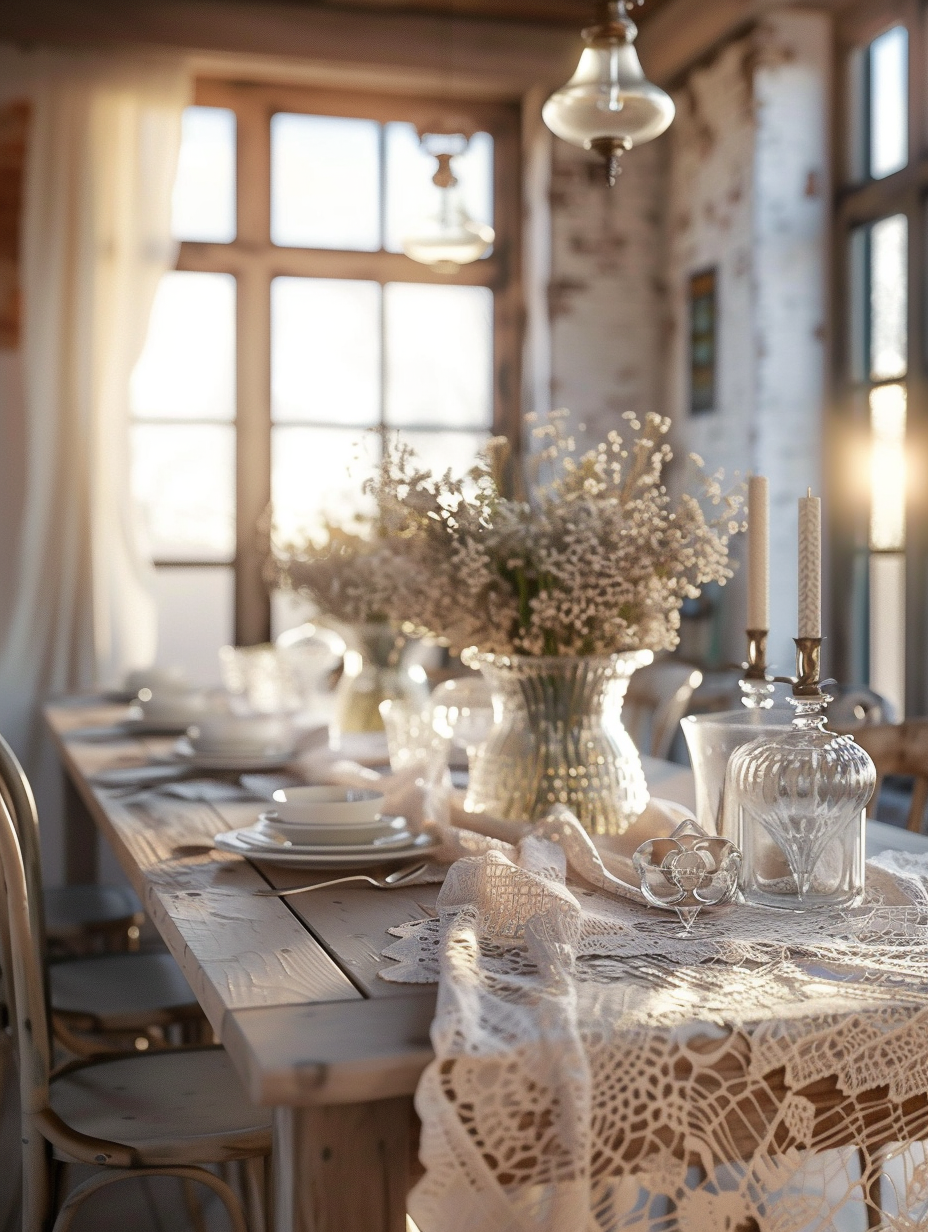 Capture a photorealistic image of a rustic chic dining room, bathed in the gentle, golden hues of late afternoon sunlight streaming in through a large, divided-light window to the room's side. Place the main subject, an artfully distressed wooden dining table, slightly off-center in the composition, dressed with vintage lace tablecloth, delicate porcelain, and an array of soft, pastel-colored flowers in mismatched crystal vases. Employ a Canon EOS 5D Mark IV camera equipped with an EF 24-70mm f/2.8L II USM lens, settings adjusted to ensure high detail and sharp focus on the table setup while softly blurring the background elements, to include a mix of rustic charm and chic elegance seen in the exposed wooden beams, whitewashed brick walls, and modern art pieces. Utilize advanced lighting techniques, ensuring global illumination models the subtle interplay of light and shadow, enhancing the textures of the linen, wood, and crystal, while adding a soft, film grain texture for added depth and realism. The image's warmth and inviting atmosphere, akin to a scene from an A24 film, should evoke a sense of timeless elegance, blending the raw beauty of rustic elements with the sophistication of chic design.