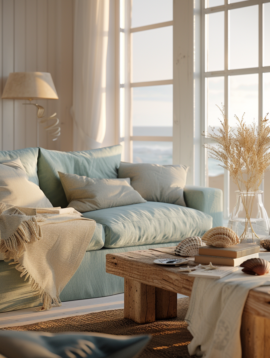 Capture a photorealistic image of a serene coastal living room bathed in the golden hour's soft, diffused sunlight, emulating the style reminiscent of high-quality 2020s lifestyle magazines. The composition, framed through a Canon EOS R5 with a 24-70mm f/2.8L lens, should utilize a shallow depth of field to accentuate the room's inviting textures while maintaining sharp focus on the main features: a plush, seafoam green sofa adorned with linen throw pillows, a reclaimed wood coffee table showcasing a collection of seashells and a thick, hand-woven sisal rug beneath. The room's large, open windows offer a glimpse of the tranquil sea and sky, enhancing the natural light that floods in, highlighting the intricate texture of the white shiplap walls and the soft shadow play across the surfaces. Details like a softly glowing floor lamp, a stack of nautical-themed coffee table books, and a delicate, dried sea lavender arrangement in a clear vase on a distressed side table should be included to evoke a sense of coastal elegance. The overall mood, balanced with high detail, subtle film grain, and advanced lighting techniques such as global illumination, will convey an ambiance of warm, inviting simplicity, making it feel like a snapshot from a luxurious yet homely seaside retreat.
