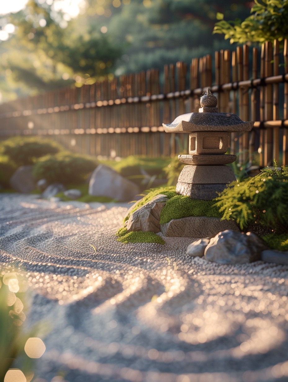 Capture a serene Zen backyard at the golden hour, utilizing natural light's soft, warm hues to highlight the textures and tranquility of the scene. The garden is designed with precision, featuring smooth pebbles, neatly raked sand patterns, and strategically placed lush green moss patches around an intricately carved stone lantern, bringing a sense of harmony and balance. The backdrop includes a gracefully aged bamboo fence softly diffusing the sunlight, creating a delicate interplay of light and shadow across the scene. Opt for a DSLR camera equipped with a prime lens, set to f/2.8 for a shallow depth of field, ensuring that the stone lantern and foreground of the garden are in sharp focus, while gently blurring the background to emphasize the subject. This composition should reflect the high-detail, rich texture, and peaceful mood reminiscent of a Hiroshi Sugimoto landscape, ensuring the Zen garden's essence is captured with film-like quality, including a subtle film grain effect for added texture. The overall image composition must evoke a feeling of tranquility and mindfulness, with the lighting, detailed textures, and composition balanced to create a photorealistic snapshot that transports the viewer to a peaceful Zen retreat.