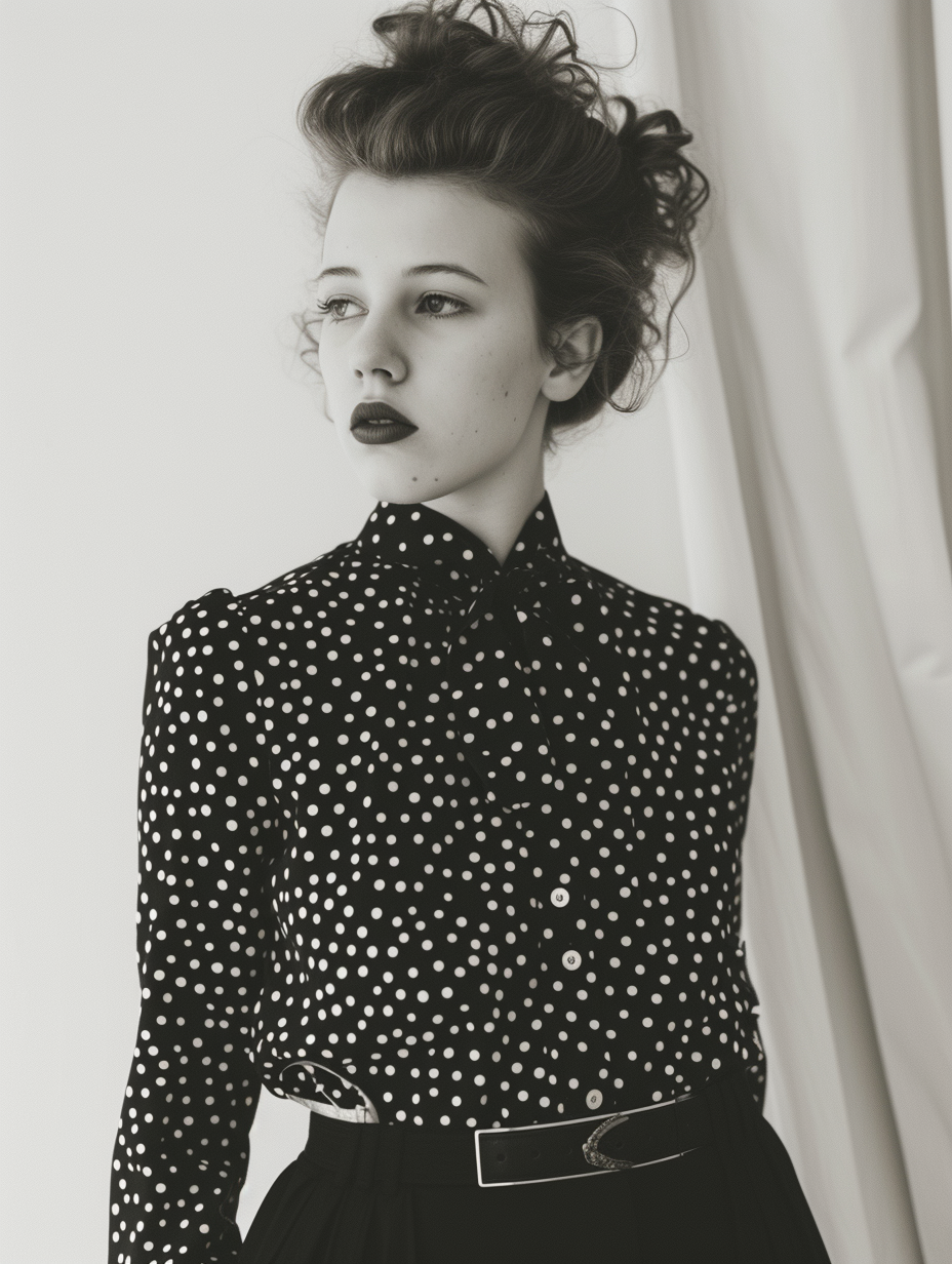 Capture an androgynous style with high waists and polka dots