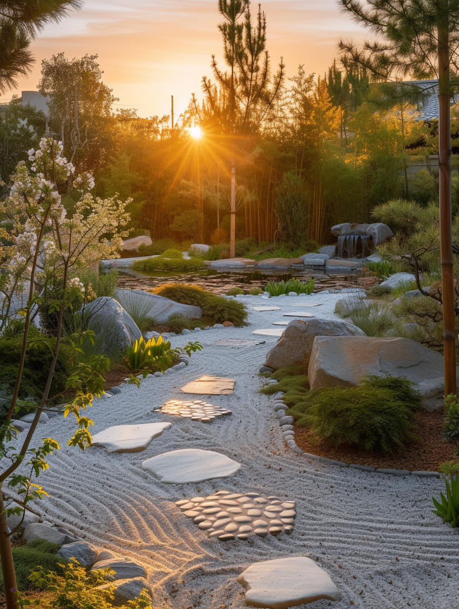 Capture the serene essence of an elegantly designed Zen backyard at the golden hour, when the sun's soft light spills gracefully across the landscape. The image should mirror the intricate detail and profound tranquility found in works by renowned landscape photographer Ansel Adams, employing high-resolution clarity akin to a Canon EOS R5 camera, equipped with a Canon RF 24-70mm F2.8 L IS USM lens at a 35mm focal length, ensuring sharp focus across the frame. Emphasize the textural contrasts between the smooth, raked gravel, symbolizing the ripples of water, and the stoic, moss-covered rocks that punctuate the scene. In the background, a minimalist bamboo water feature, its gentle trickle audible through its visual representation, adds a layer of calming dynamism. The surrounding flora, carefully pruned pine trees and delicate cherry blossoms, frame the scene, their blooms touched by the golden sunlight in a soft bokeh, creating a naturally balanced composition. Utilize advanced lighting techniques, emphasizing global illumination and precise shadowing that accentuates the intricate layout of stepping stones, leading the eye through the garden in a harmonious flow. The scene should be void of any human presence, focusing solely on the interplay of nature and meticulous design, encapsulated in a moment of pristine stillness that feels both grounding and ethereal.