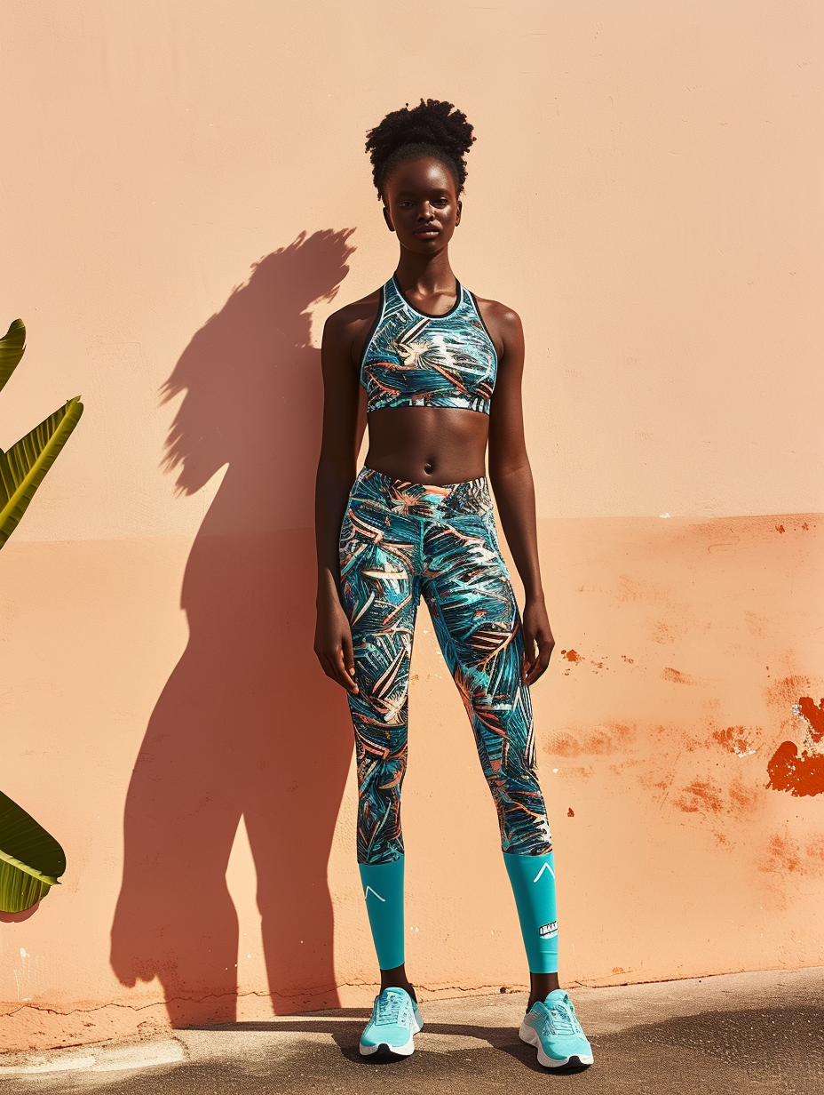 Casual, comfortable workout gear featuring a unique patterned sports bra and matching leggings