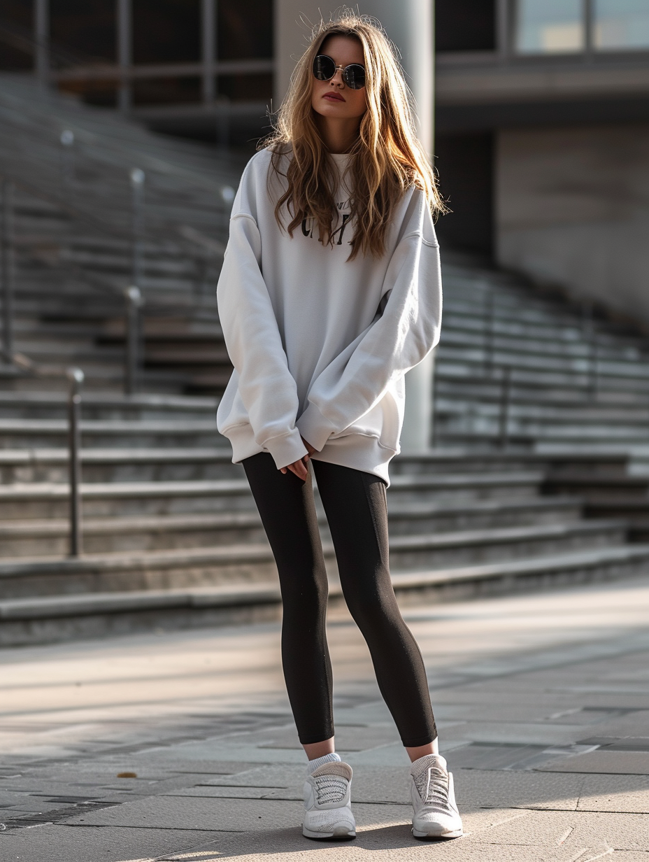 Casual outfit featuring a varsity-styled oversized sweatshirt layered over leggings