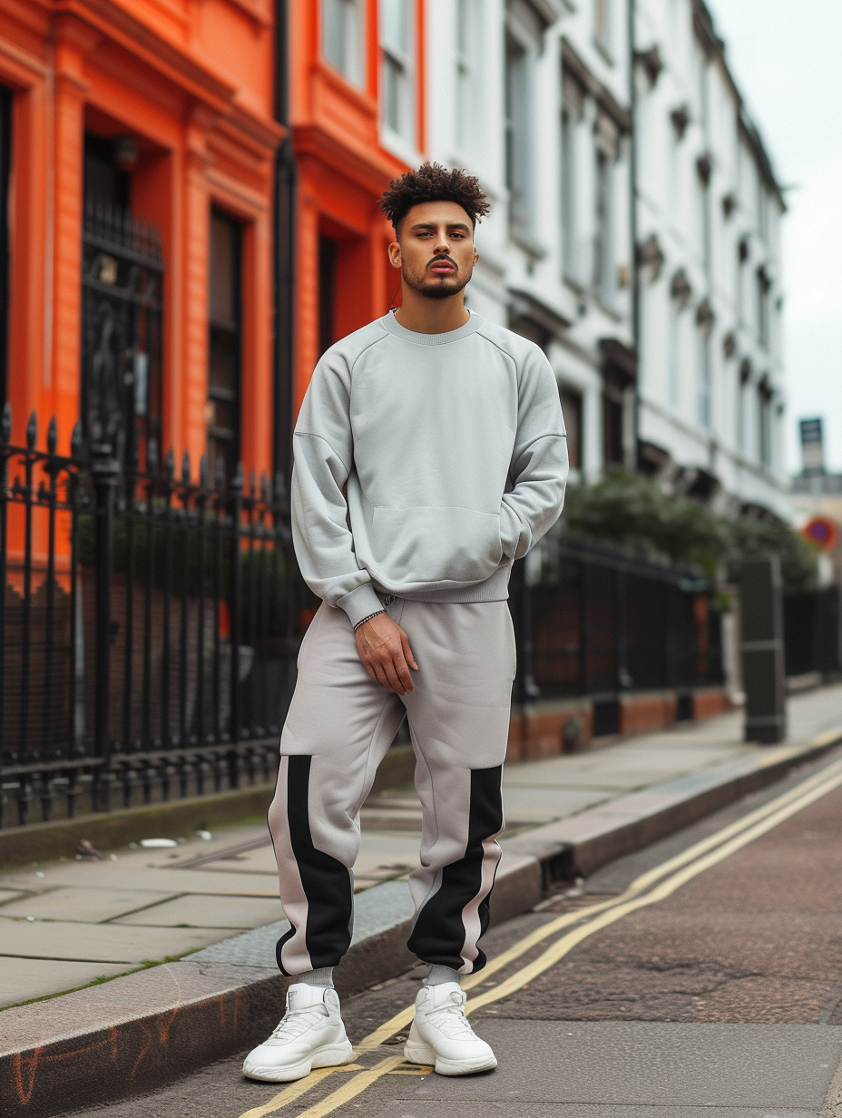 Casual yet stylish outfit featuring a crew-neck sweatshirt with contrasting panel joggers