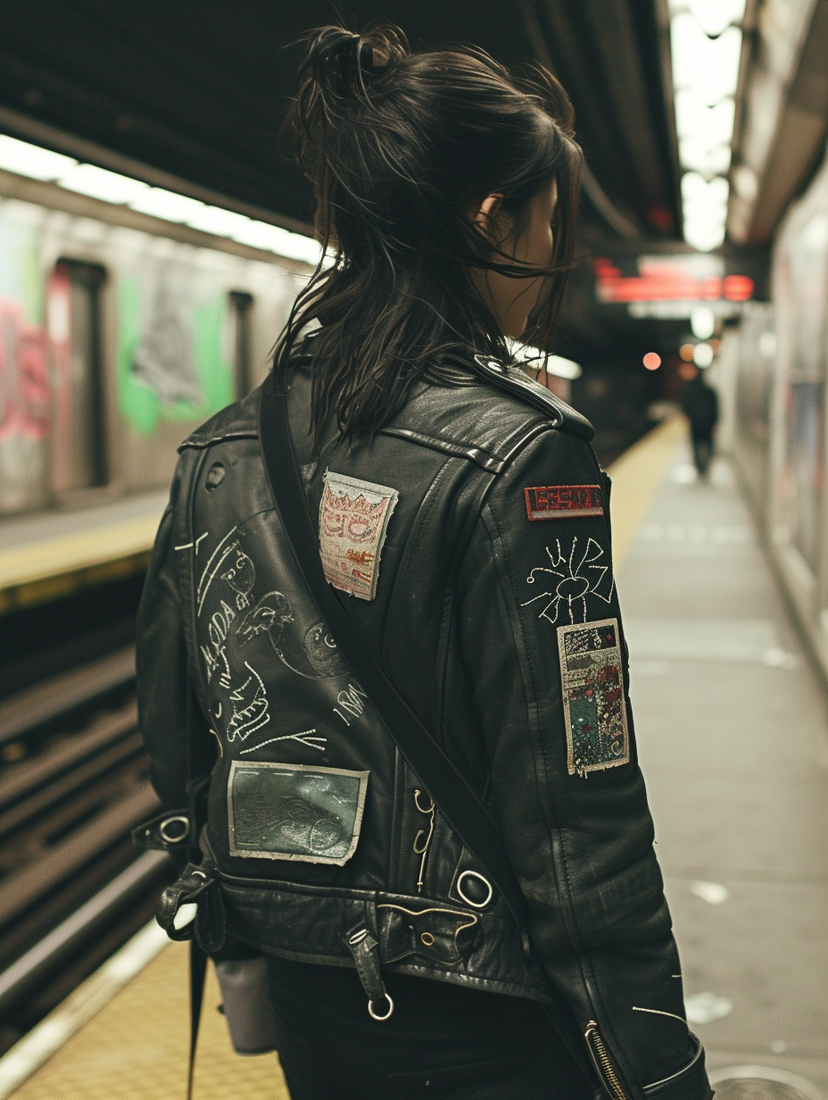 Charcoal grey leather jacket having obscene artwork patches and laced sleeves featured in a grungy subway station, evoking an edgy persona.