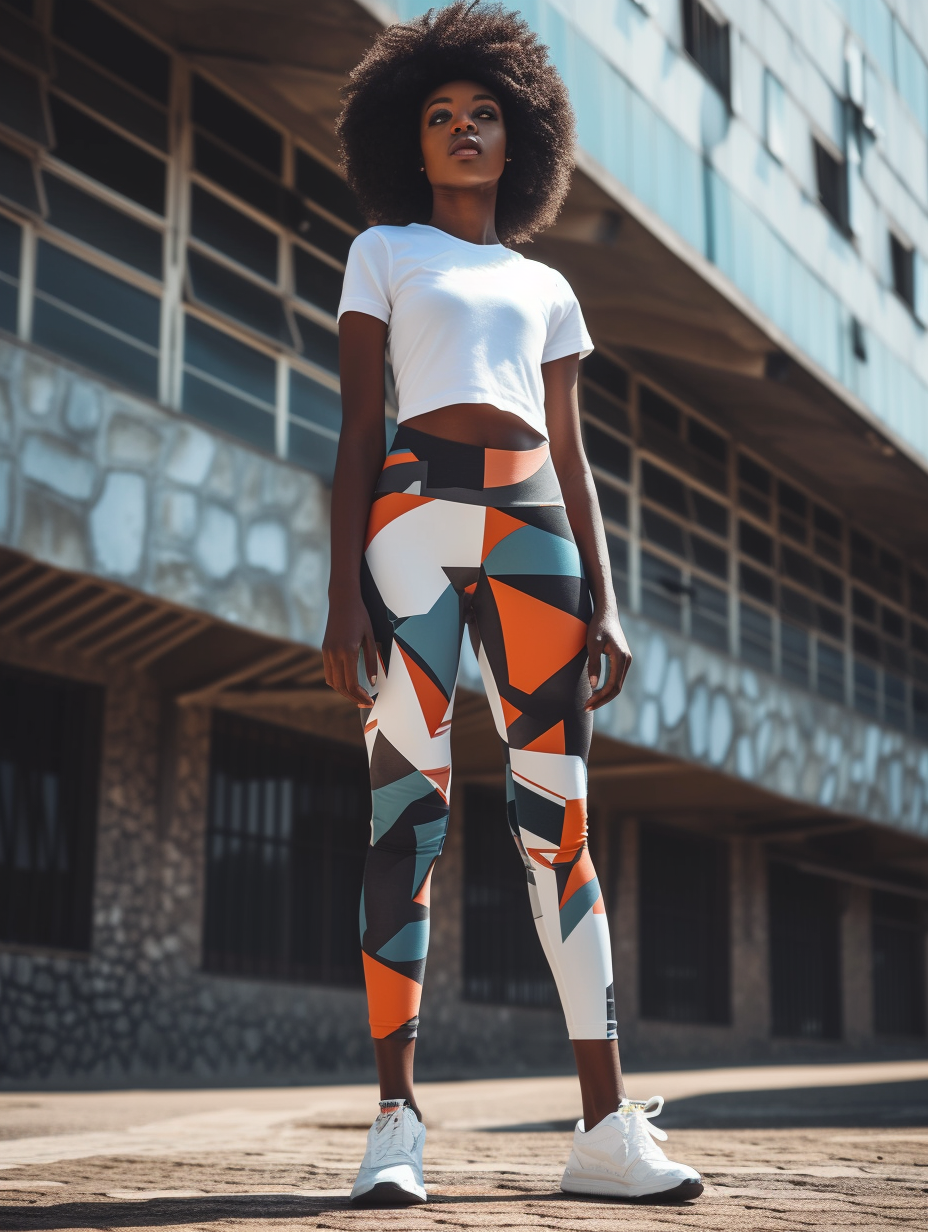 Chic relaxed workout outfit consisting of high-waist printed leggings and a fitted tee