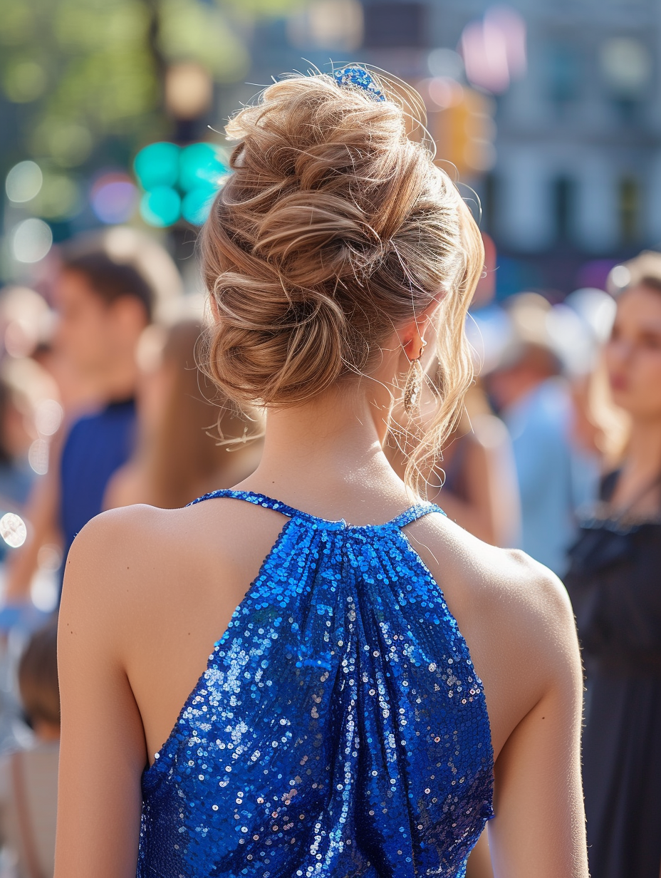 Close contact shot of royal blue sequin dress in a crowd