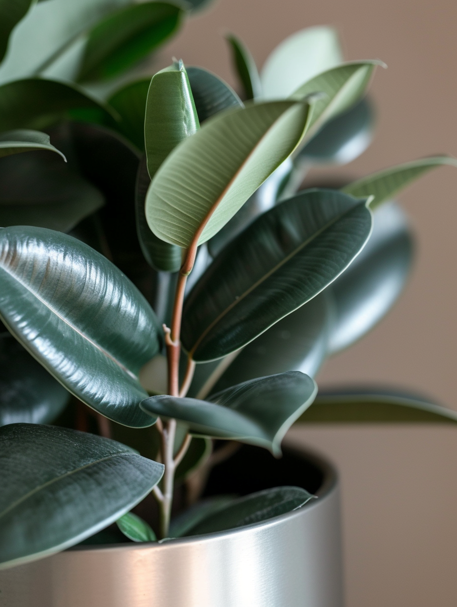Close-up image of a Rubber Plant in a metallic silver pot for a modern kitchen decor