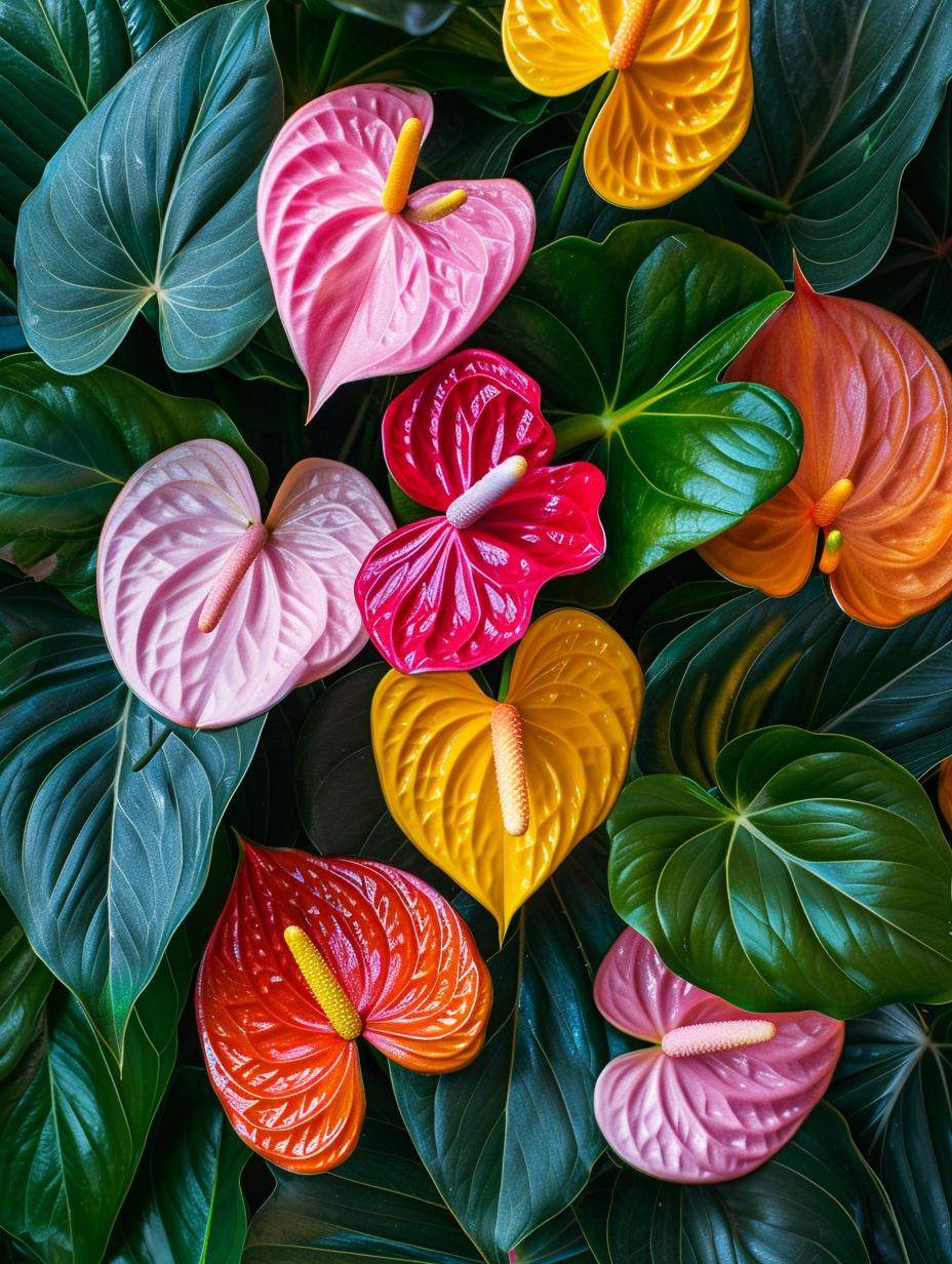 Close up image of vivid Anthurium flowers bundled together surrounded by tropical foliage