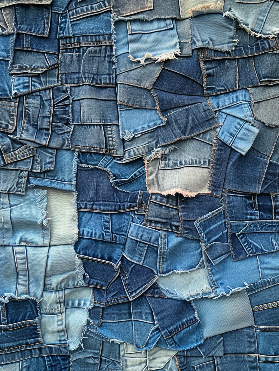 Close-up of denim wall art made from discarded jeans