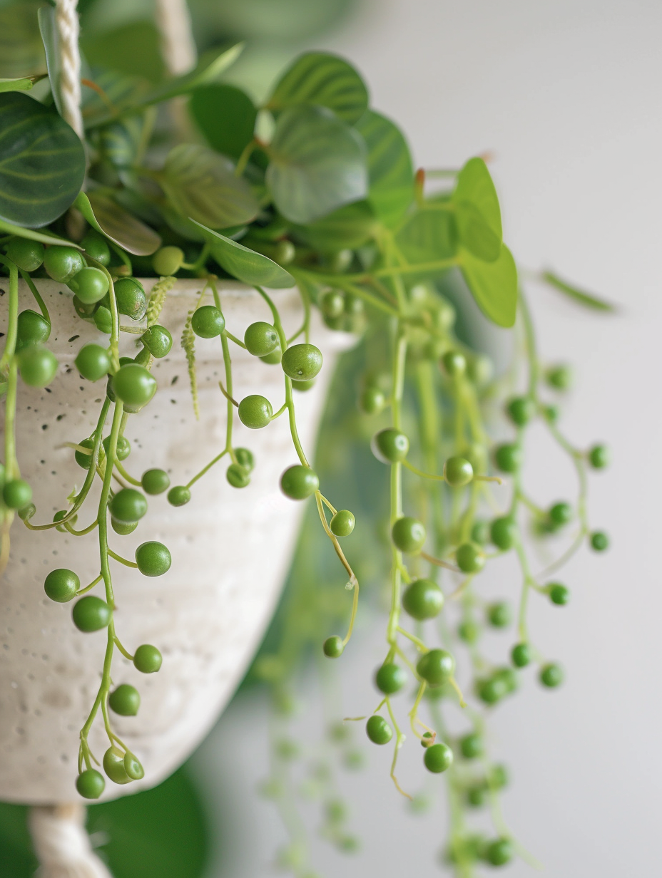 Close-up shot of cascading String of Pearls plant from a macrame hanging planter