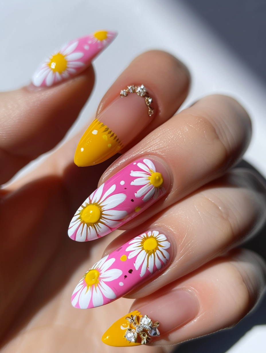Close-up view of chic spring nail designs featuring daisy patterns and lively shades of pink and yellow