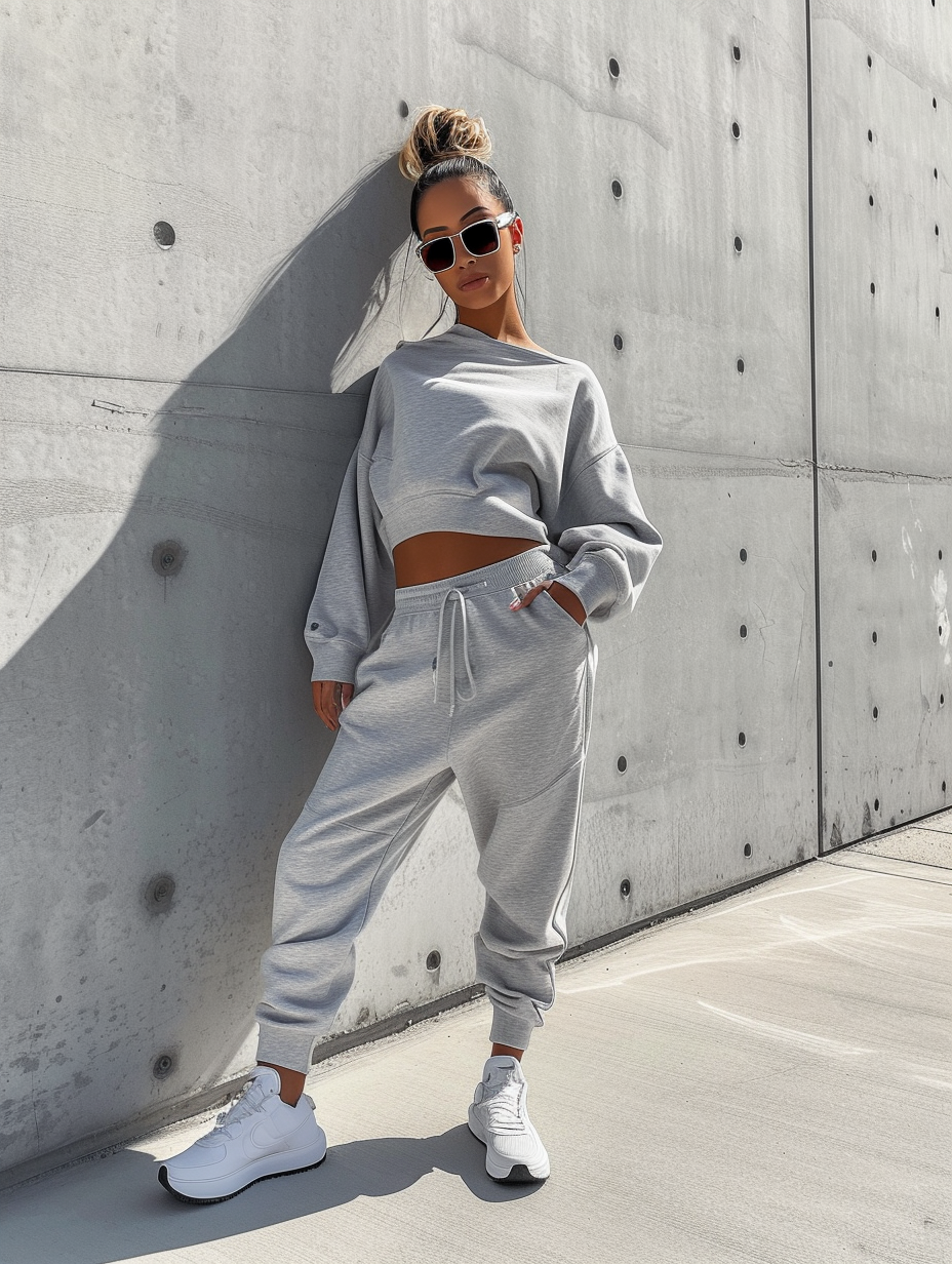 Comfortable gym outfit featuring an off-shoulder sweatshirt coupled with matching joggers