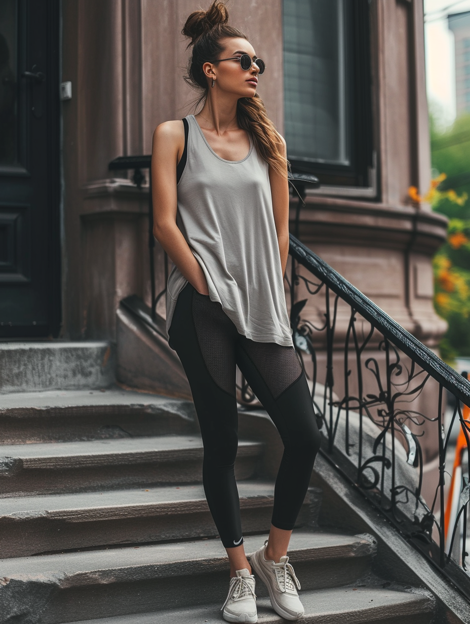Comfy, casual look featuring mesh-insert leggings paired with a slightly oversized tank top