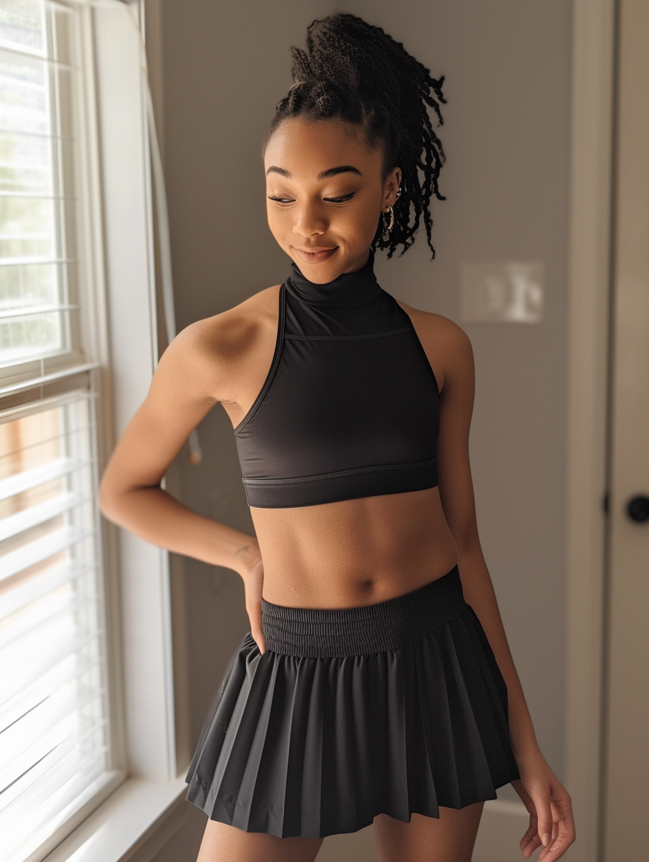 Comfy outfit with a high neck sports bra and a pleated skort