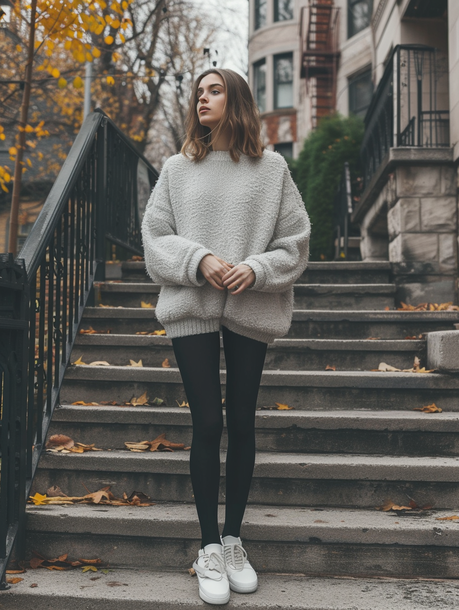 Cozy look with an oversized sweater matched with high-waisted athletic tights