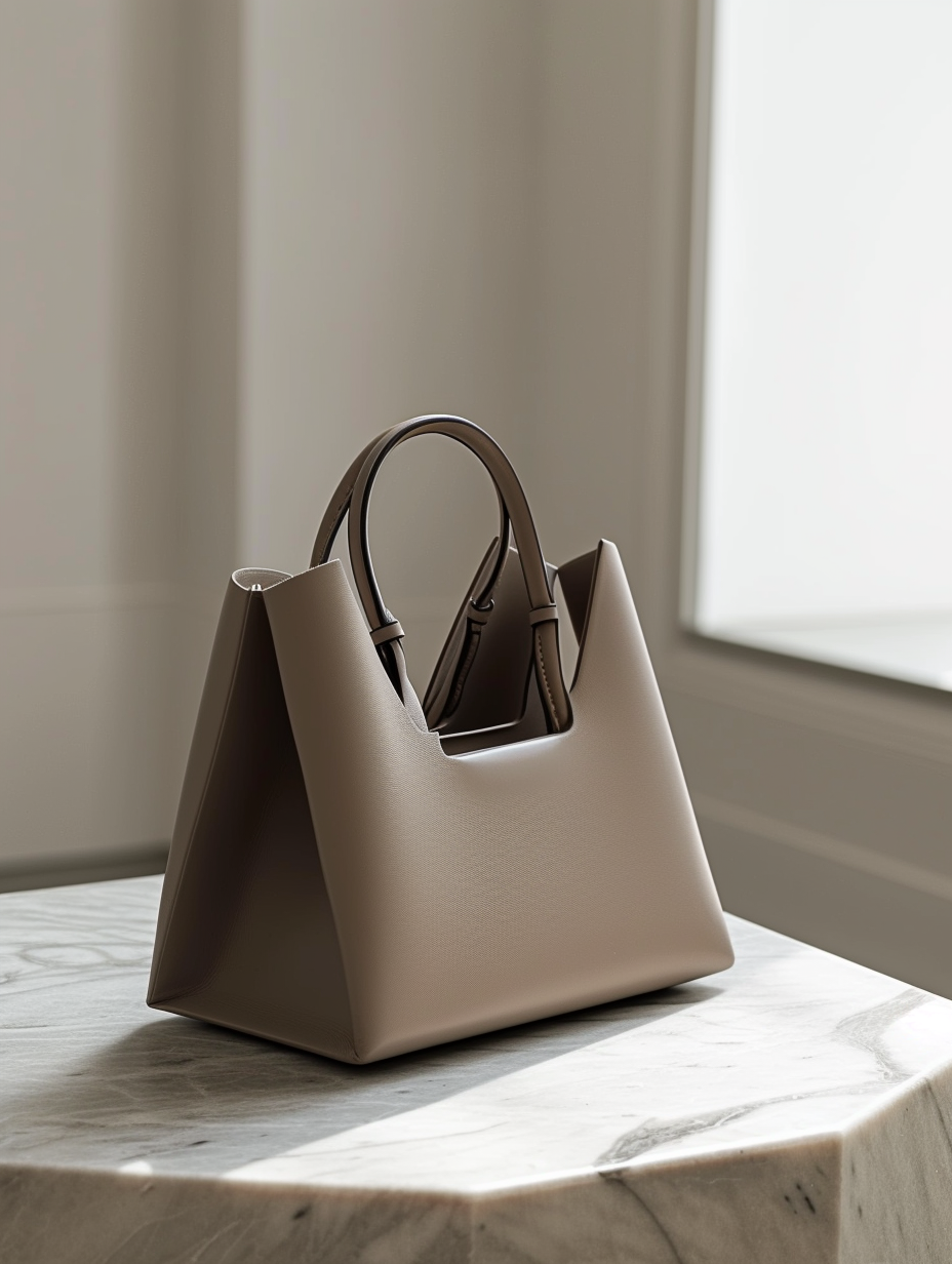 Create an impression of an ultra-modern, minimalist handbag in shades of taupe