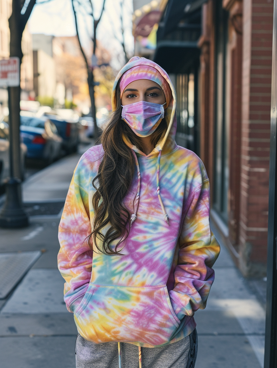 Creative athleisure outfit for a coffee meet-up integrating a tie-dye sweat suit with a set of matching headband and face mask. --ar 3:4