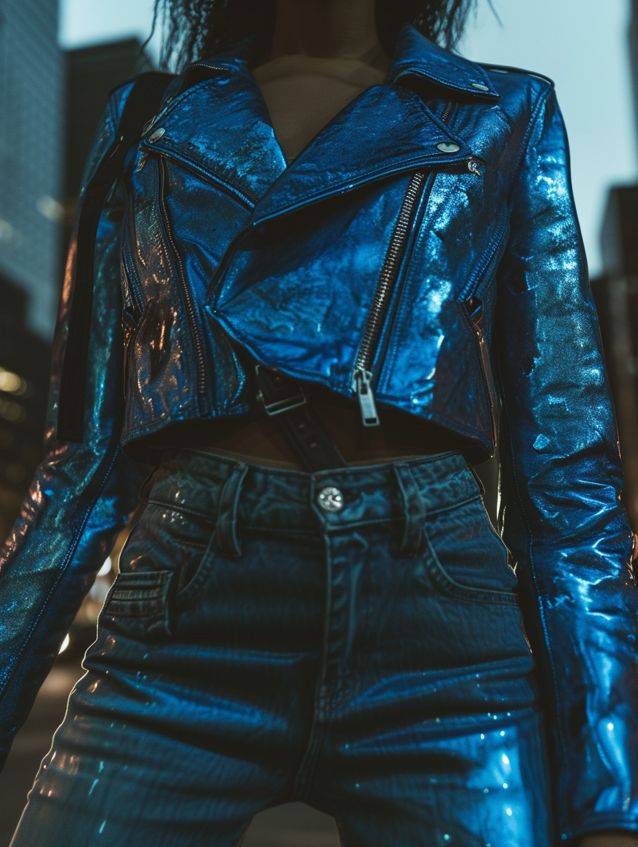 Cropped blue leather jacket with asymmetrical zipper and distressed finish in a desolate cityscape at night, defining edgy aesthetics