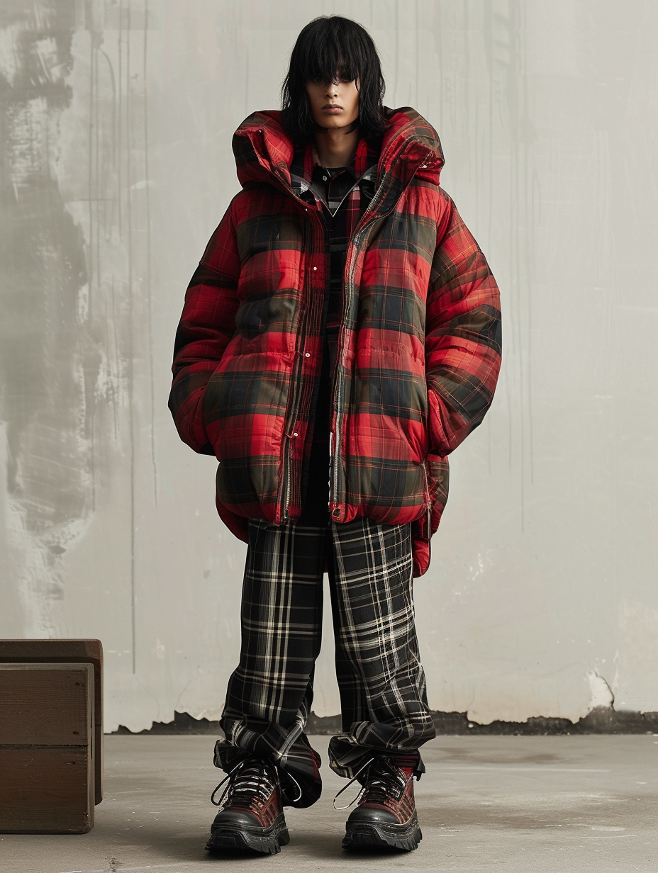 Current fashion image of a plaid puffer jacket
