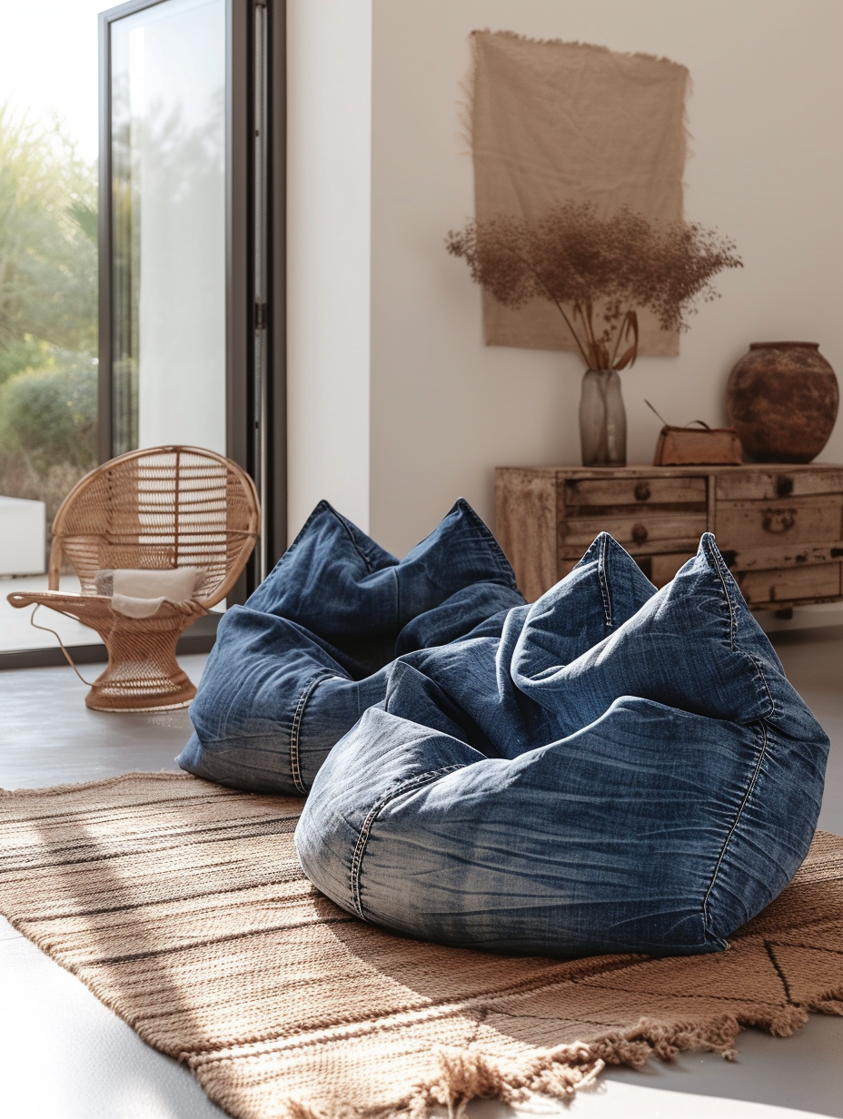 Denim bean bag chairs in an eco-friendly living room