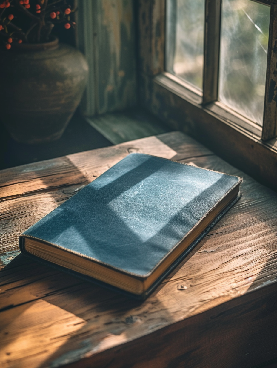 Denim-covered journal resting on a wooden table, lit by natural light