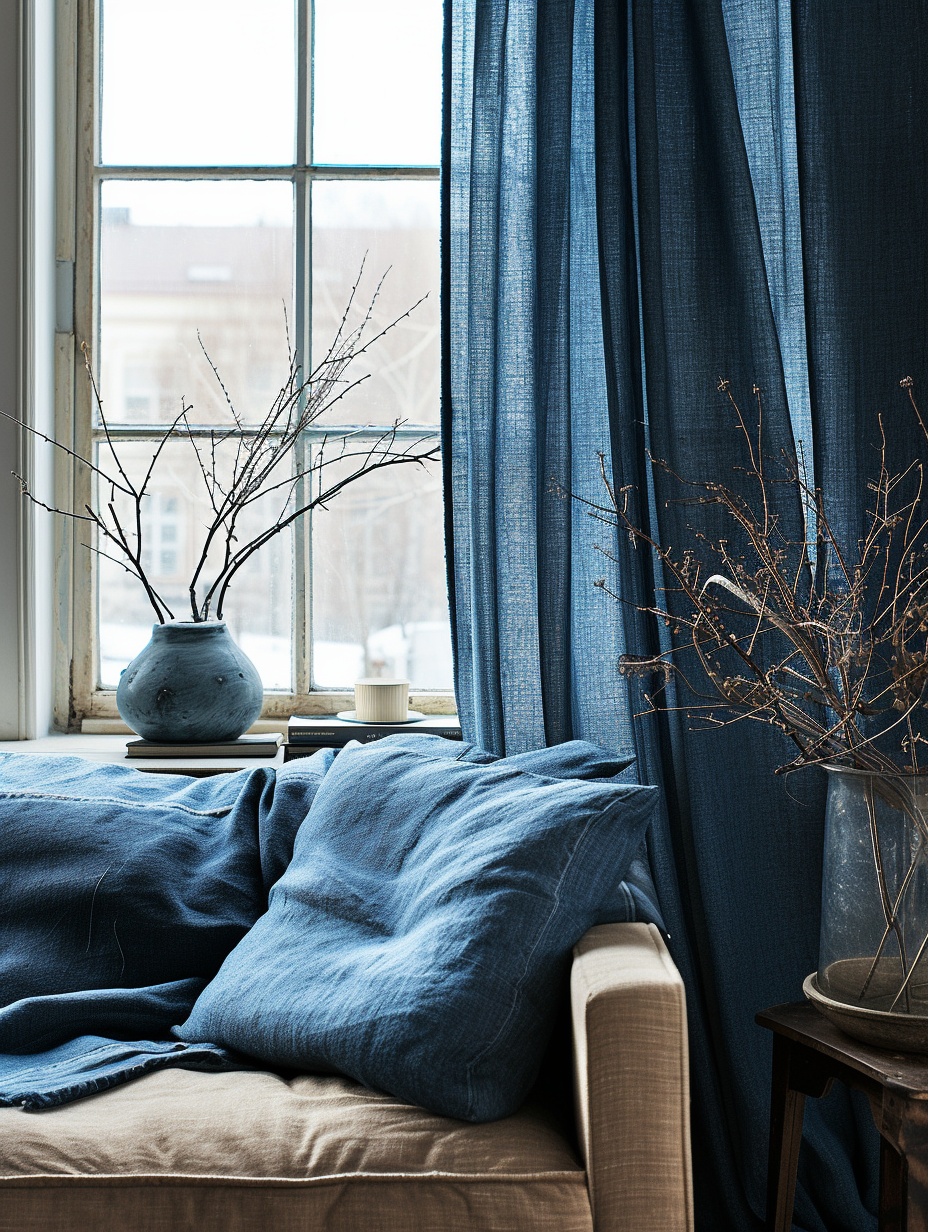 Denim curtains fluttering in the breeze in an energy efficient home