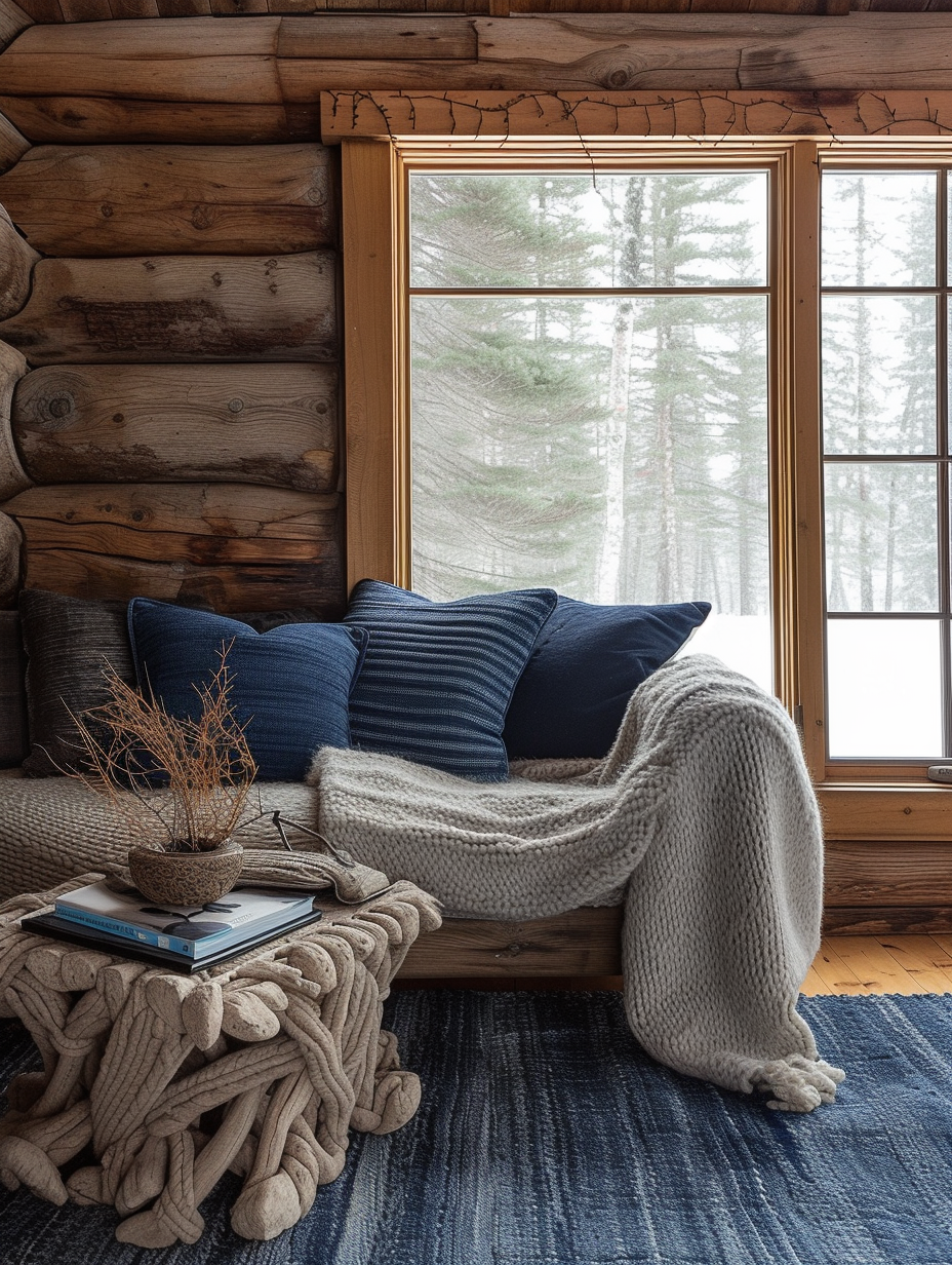 Denim eco-friendly rug made from recycled jeans in a cozy cabin