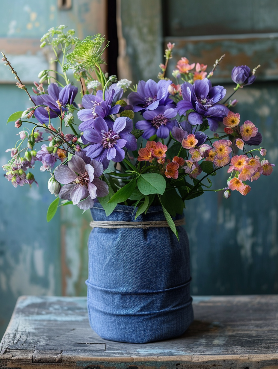 Denim flowers in a recyclable denim vase on an upcycled wooden table