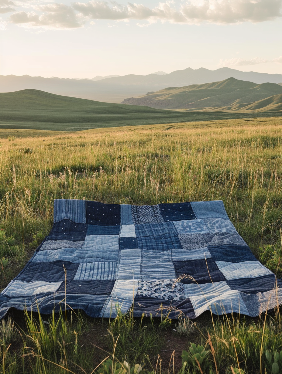 Denim patchwork picnic blanket spread in an open field