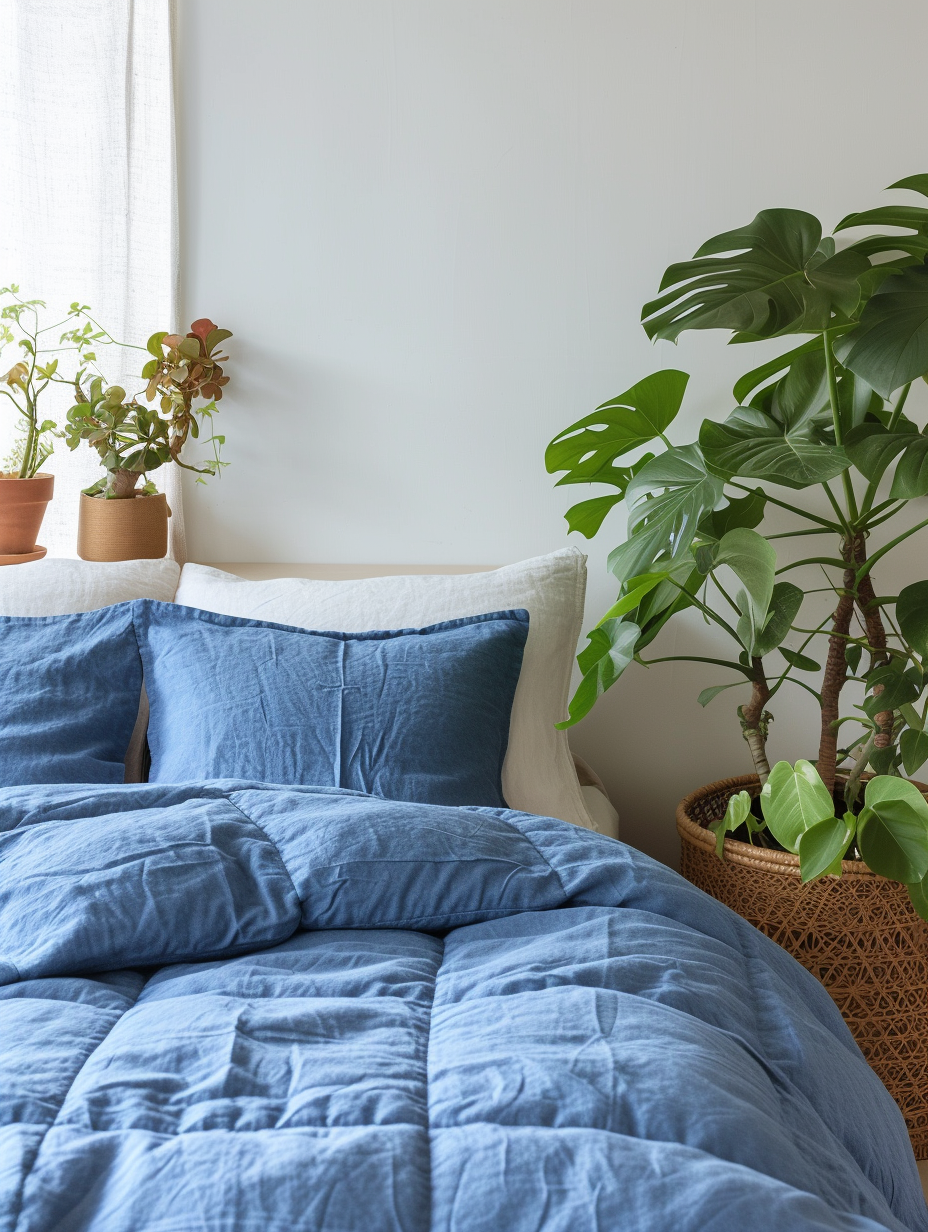 Denim quilt spread on a sustainably made bamboo bed